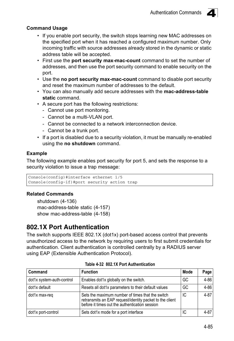 1x port authentication, Table 4-32 | Accton Technology ES3526XA User Manual | Page 327 / 512