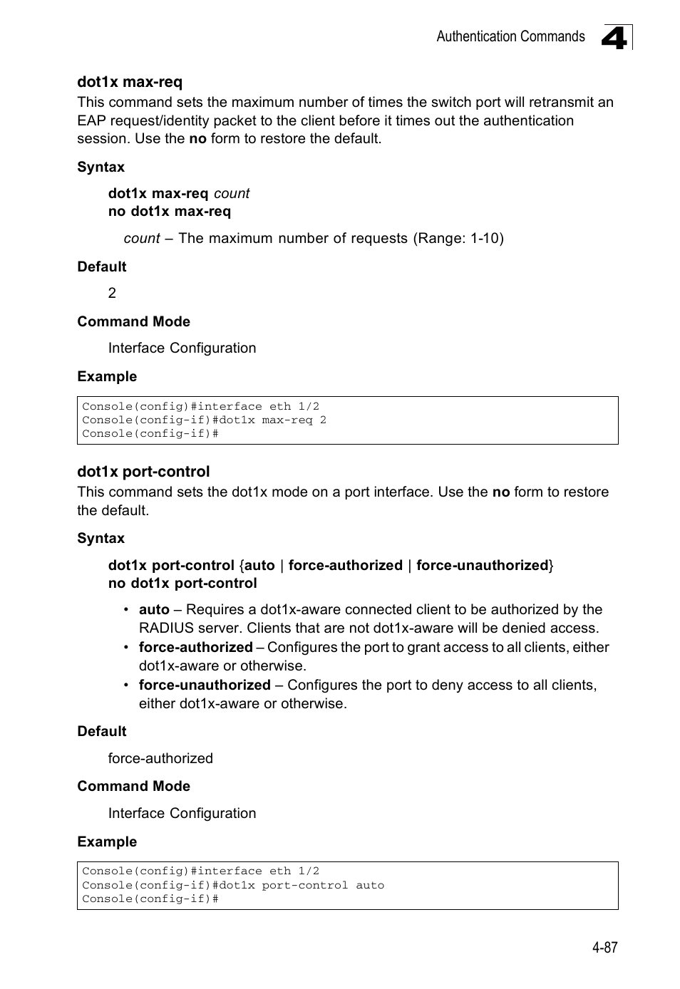Dot1x max-req, Dot1x port-control | Accton Technology ES3526XA User Manual | Page 329 / 512