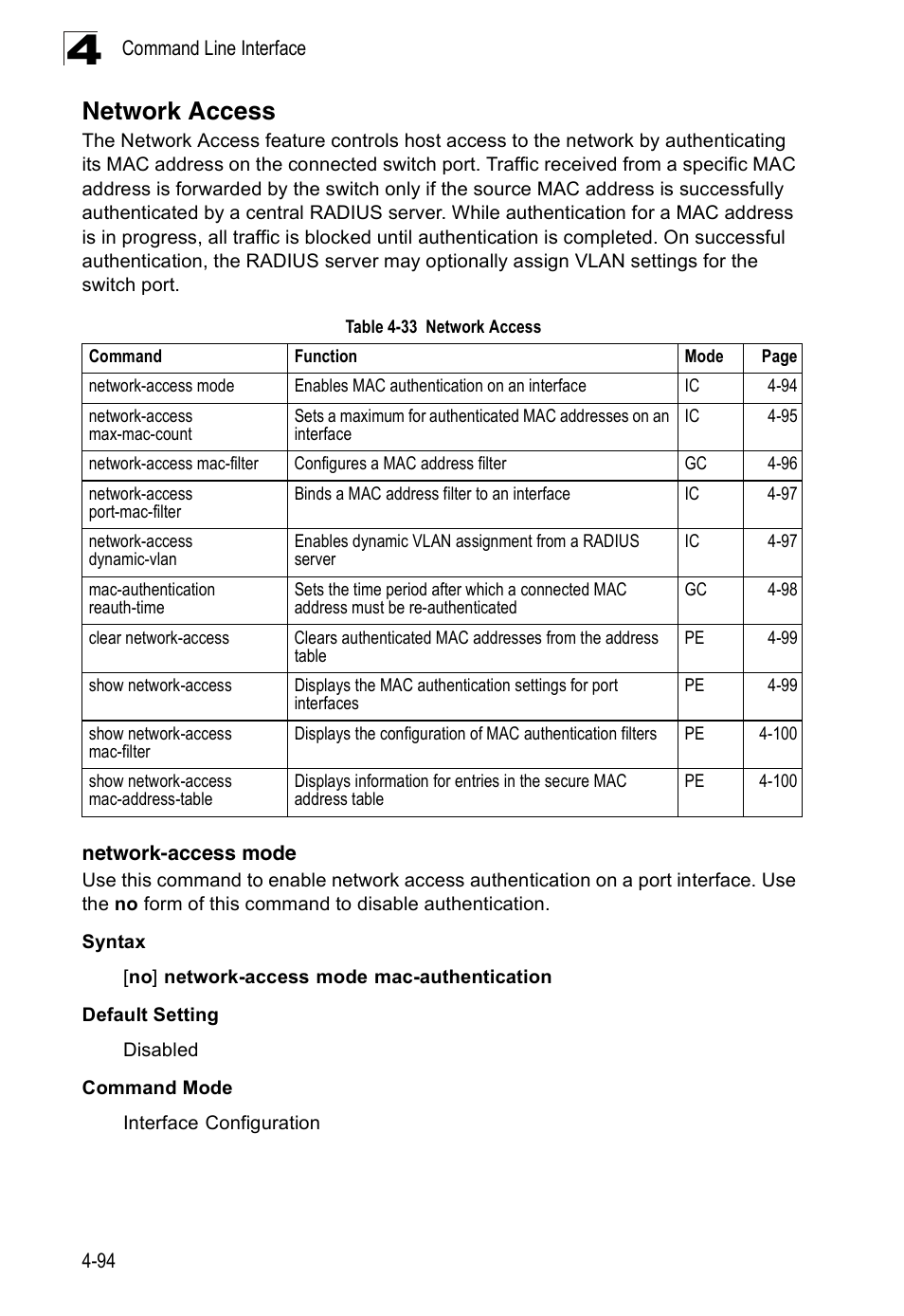 Network access, Network-access mode, Table 4-33 | Accton Technology ES3526XA User Manual | Page 336 / 512