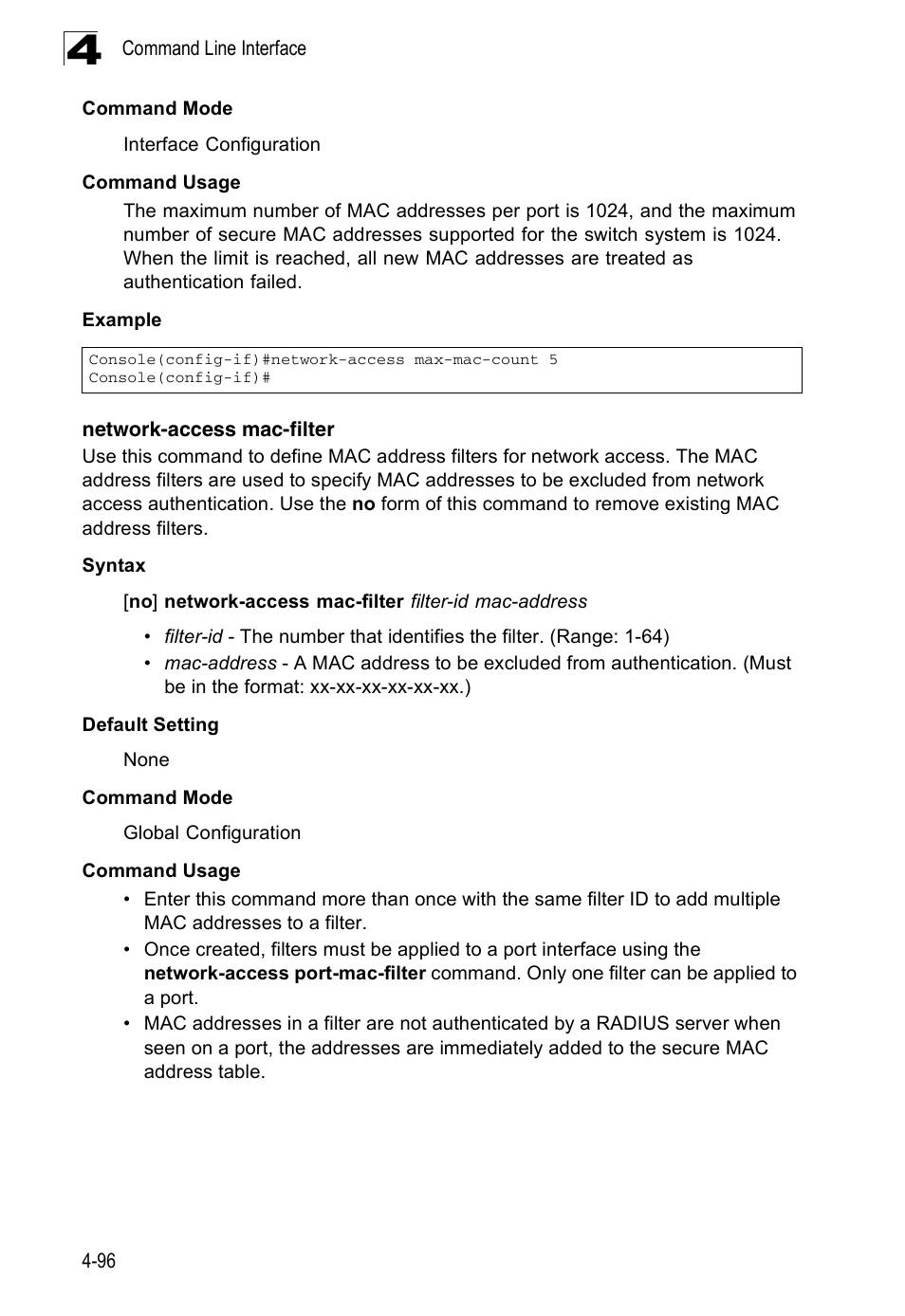 Network-access mac-filter | Accton Technology ES3526XA User Manual | Page 338 / 512