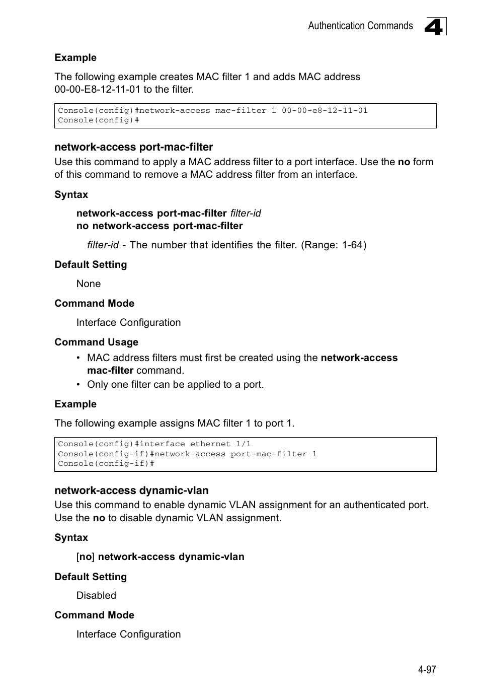 Network-access port-mac-filter, Network-access dynamic-vlan | Accton Technology ES3526XA User Manual | Page 339 / 512