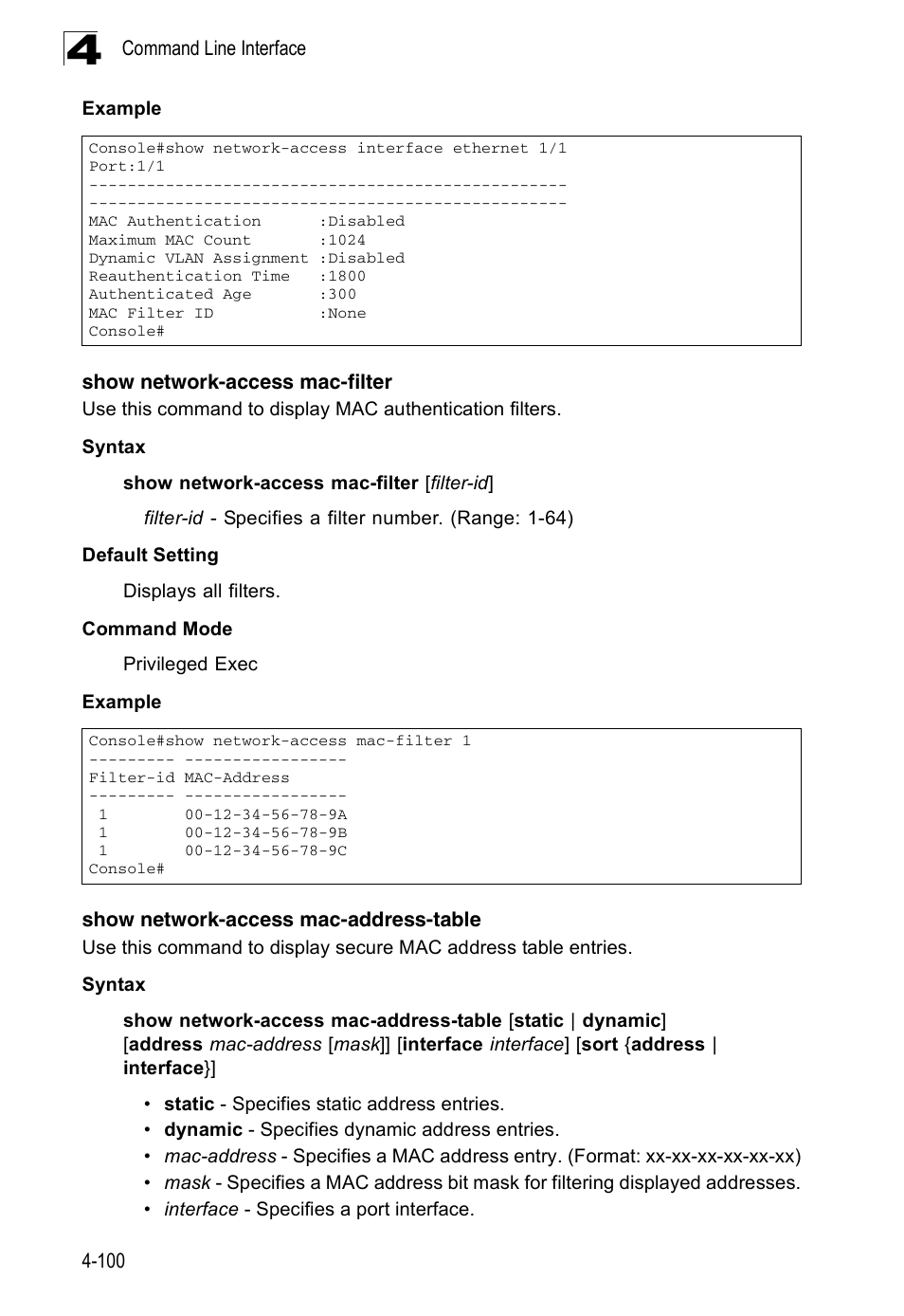Show network-access mac-filter, Show network-access mac-address-table | Accton Technology ES3526XA User Manual | Page 342 / 512