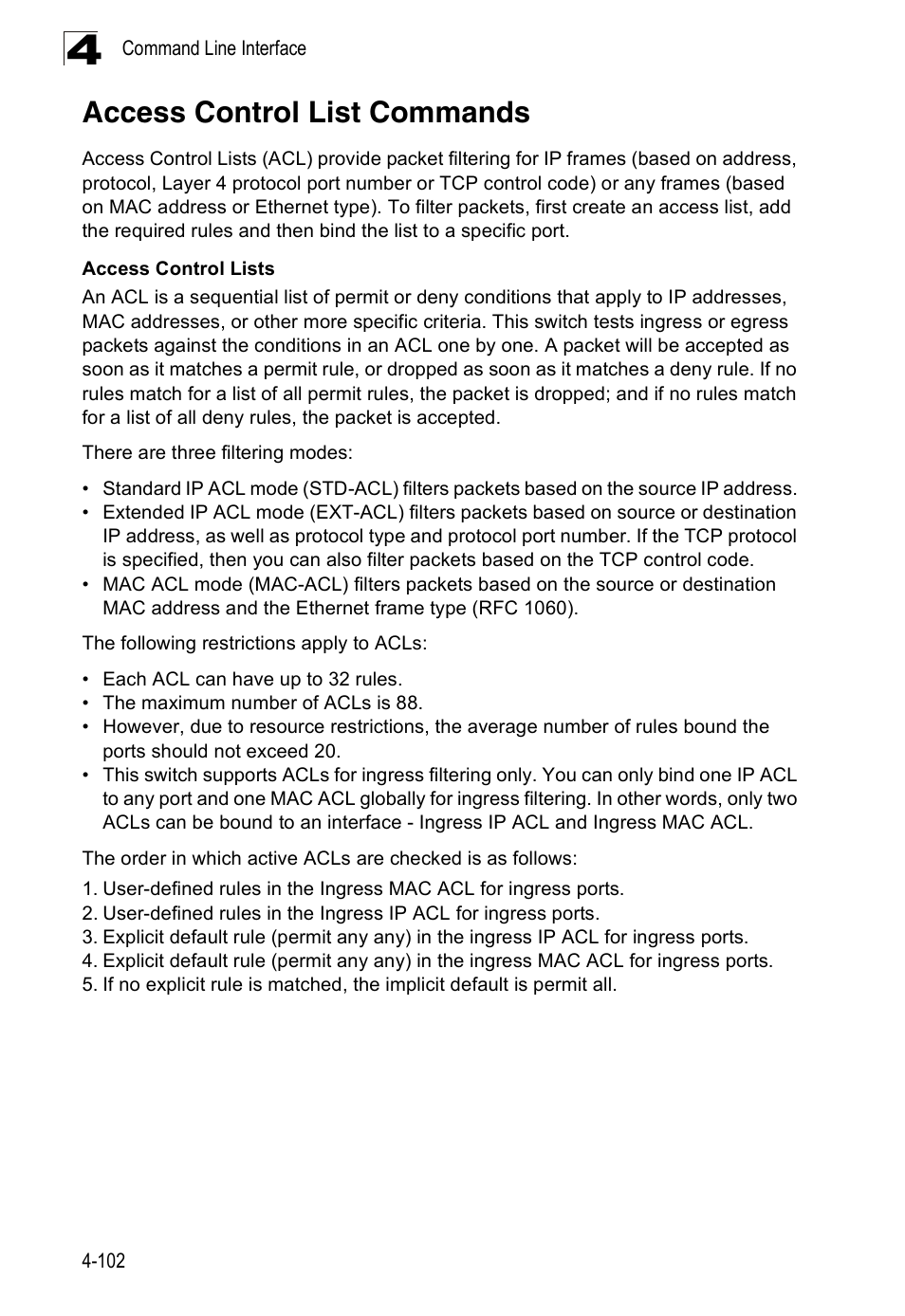 Access control list commands | Accton Technology ES3526XA User Manual | Page 344 / 512
