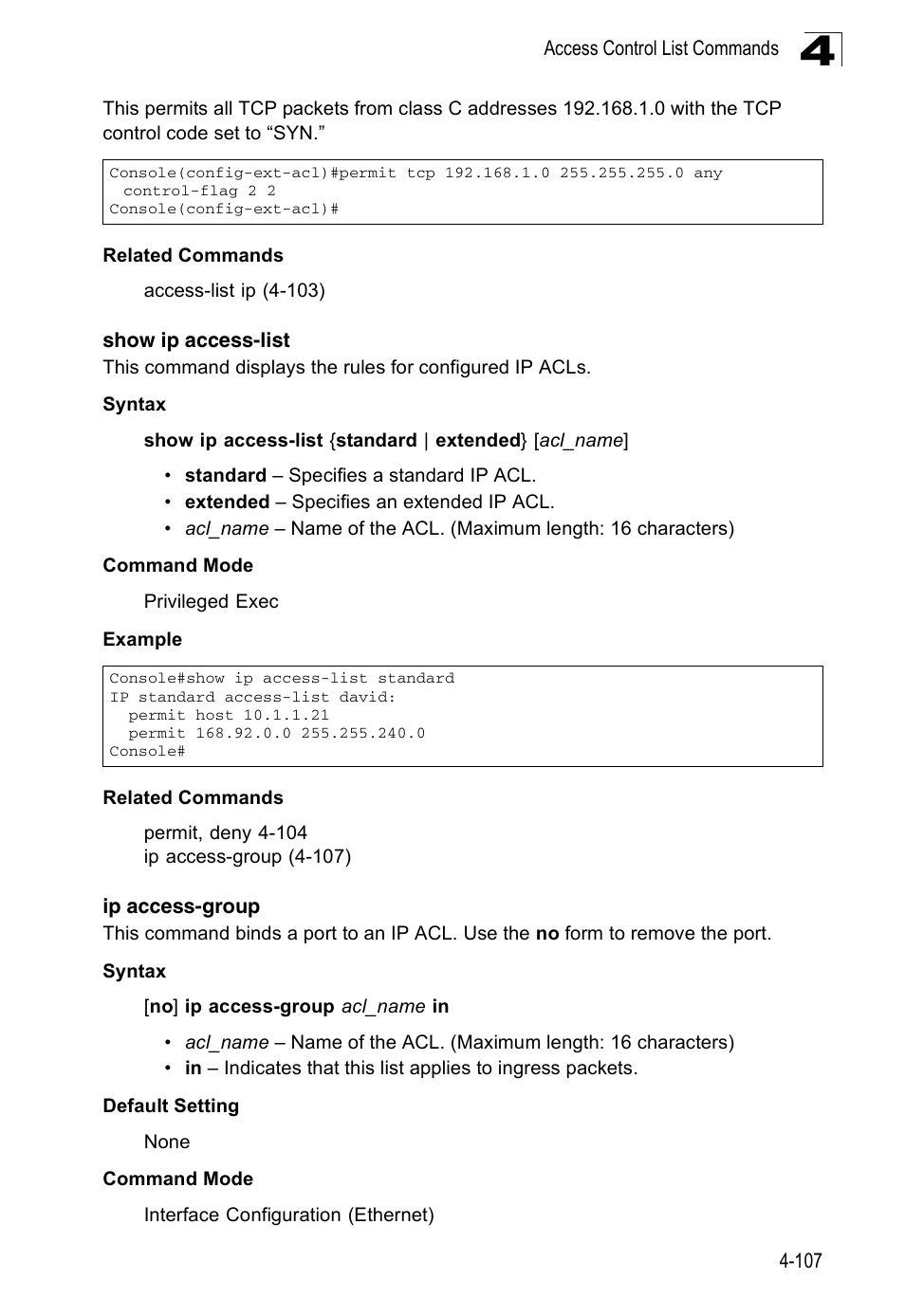 Show ip access-list, Ip access-group | Accton Technology ES3526XA User Manual | Page 349 / 512