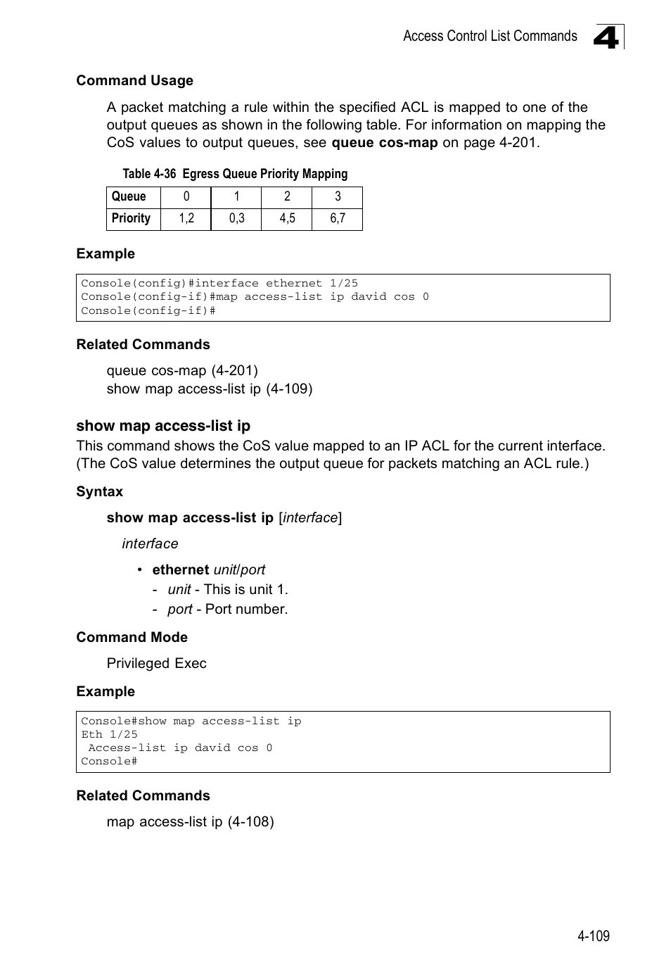 Show map access-list ip, Table 4-36, Egress queue priority mapping | Accton Technology ES3526XA User Manual | Page 351 / 512