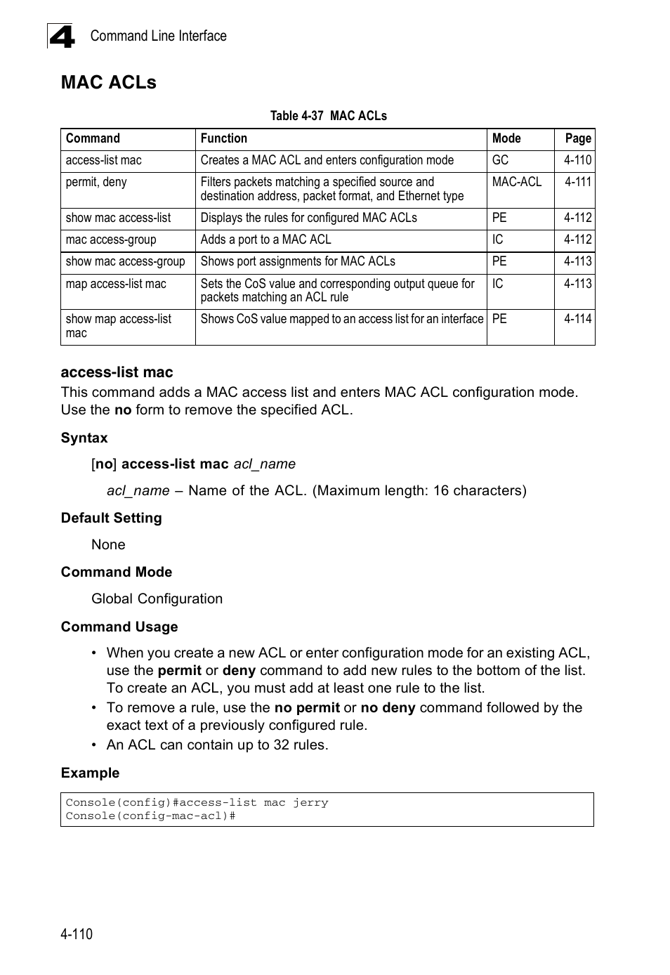 Mac acls, Access-list mac, Table 4-37 | Accton Technology ES3526XA User Manual | Page 352 / 512