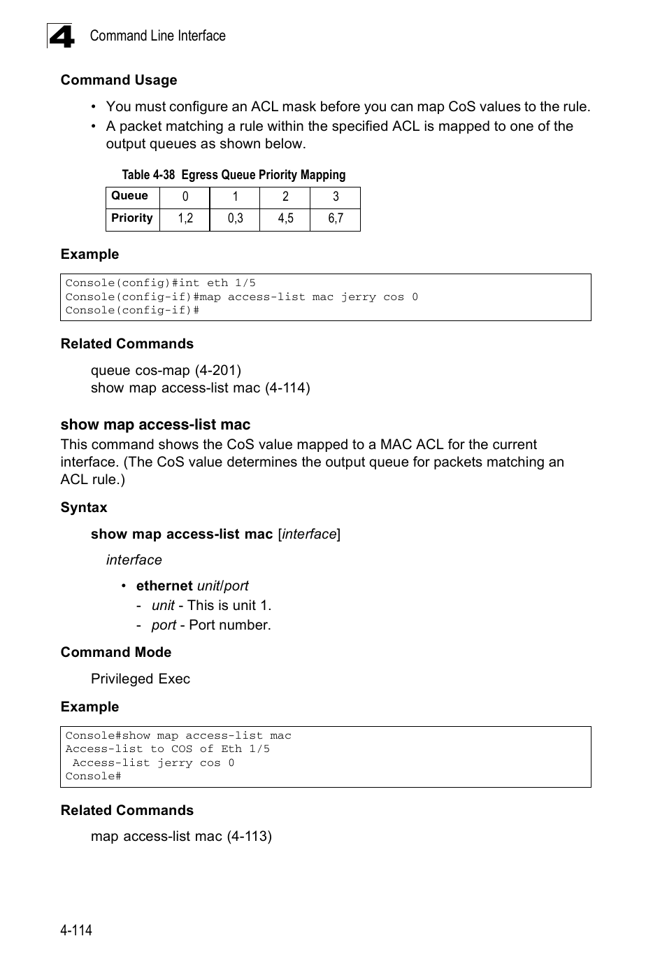 Show map access-list mac, Table 4-38, Egress queue priority mapping | Accton Technology ES3526XA User Manual | Page 356 / 512