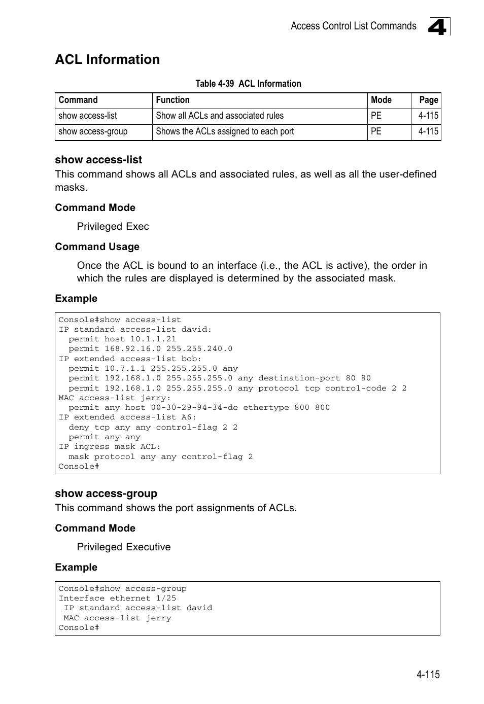 Acl information, Show access-list, Show access-group | Table 4-39 | Accton Technology ES3526XA User Manual | Page 357 / 512