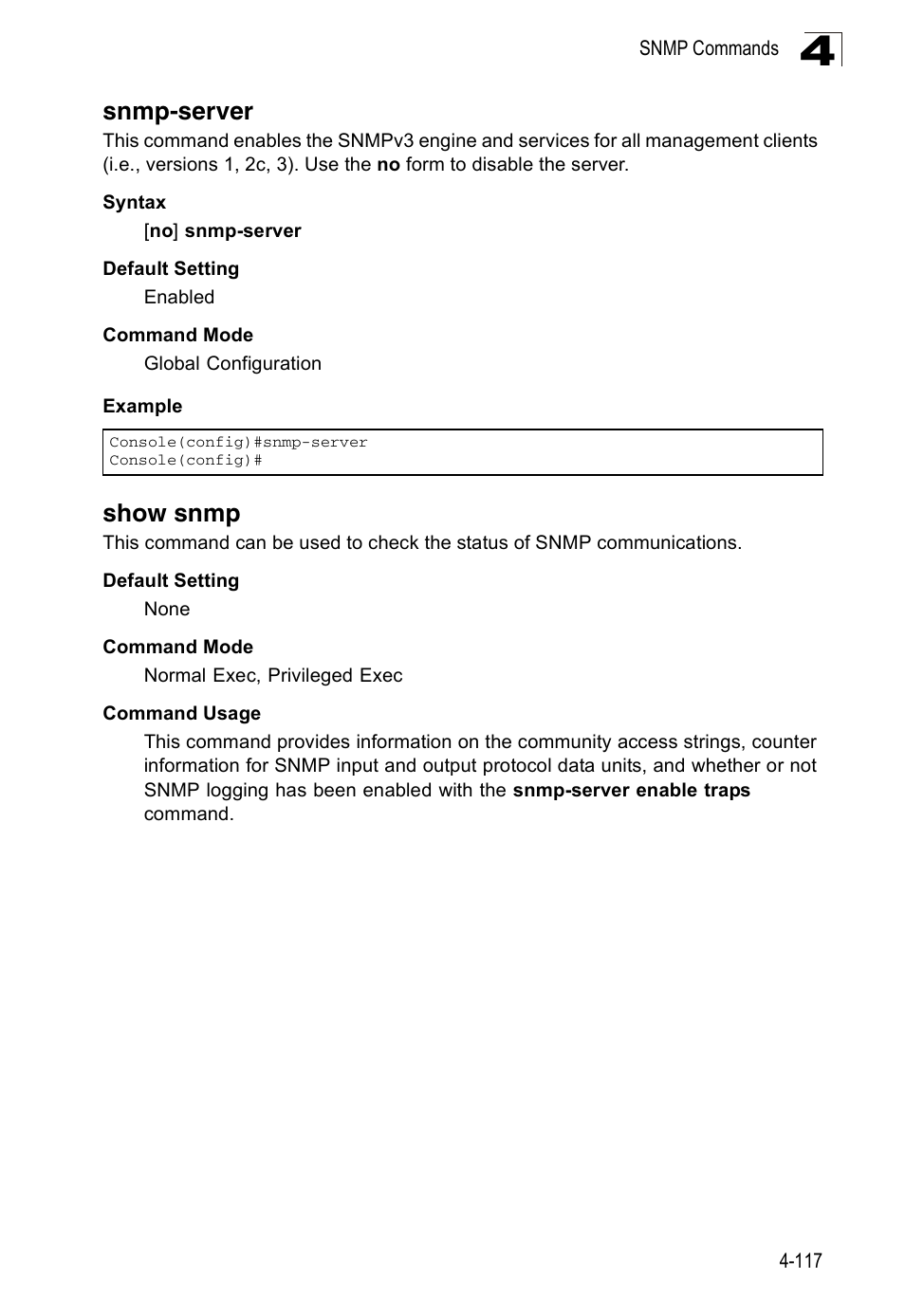 Snmp-server, Show snmp, Snmp-server 4-117 show snmp | Accton Technology ES3526XA User Manual | Page 359 / 512