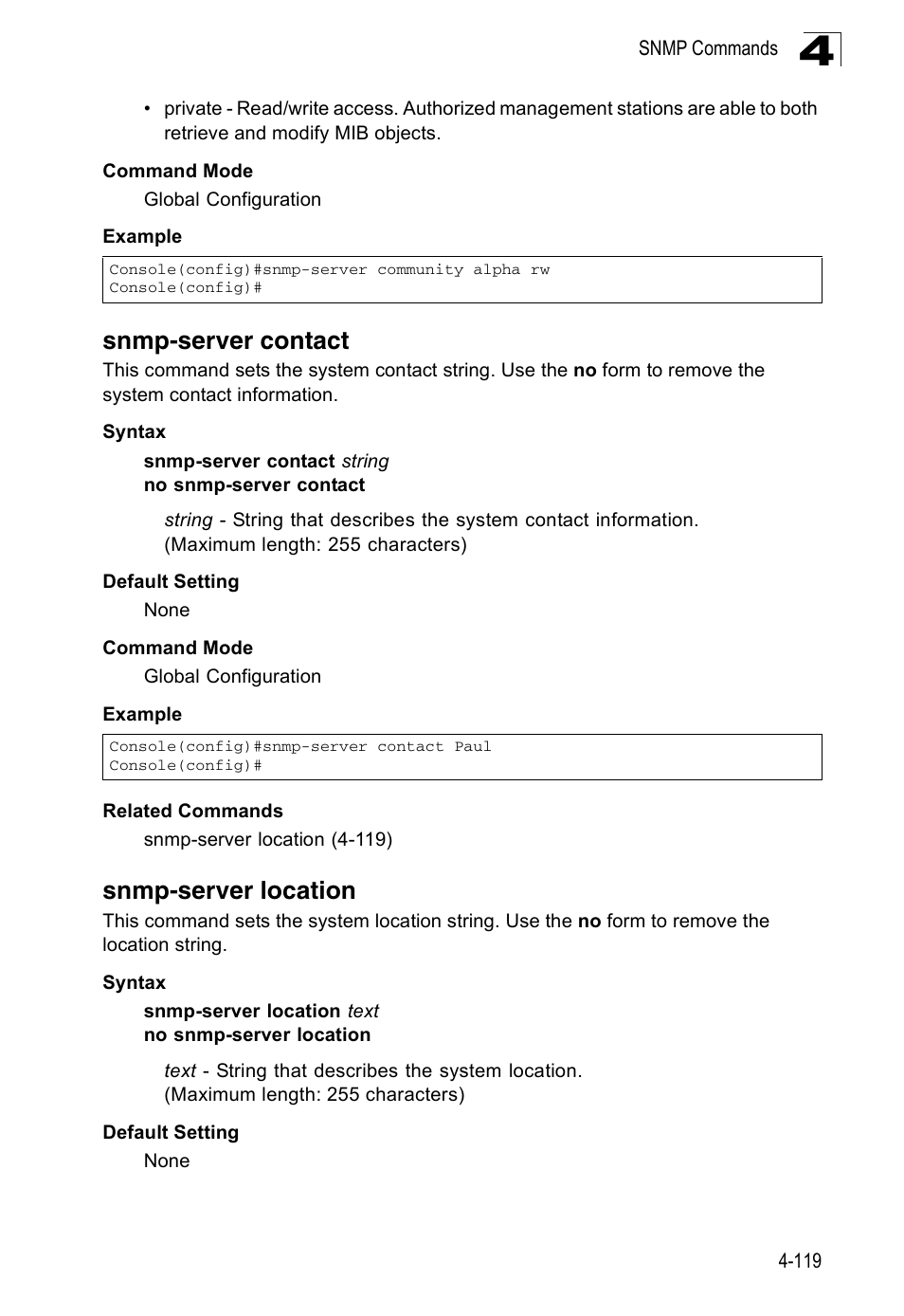 Snmp-server contact, Snmp-server location | Accton Technology ES3526XA User Manual | Page 361 / 512