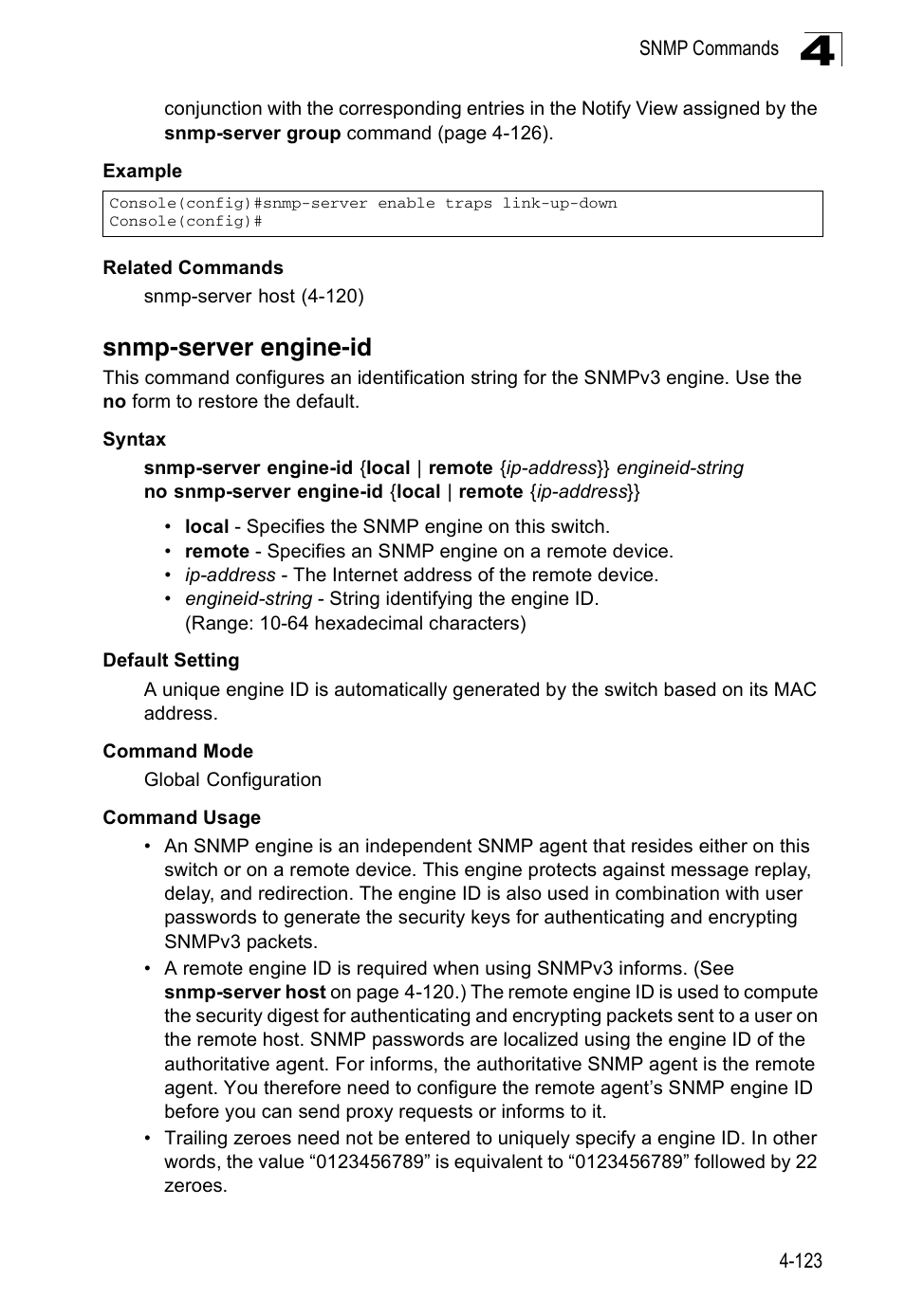 Snmp-server engine-id | Accton Technology ES3526XA User Manual | Page 365 / 512