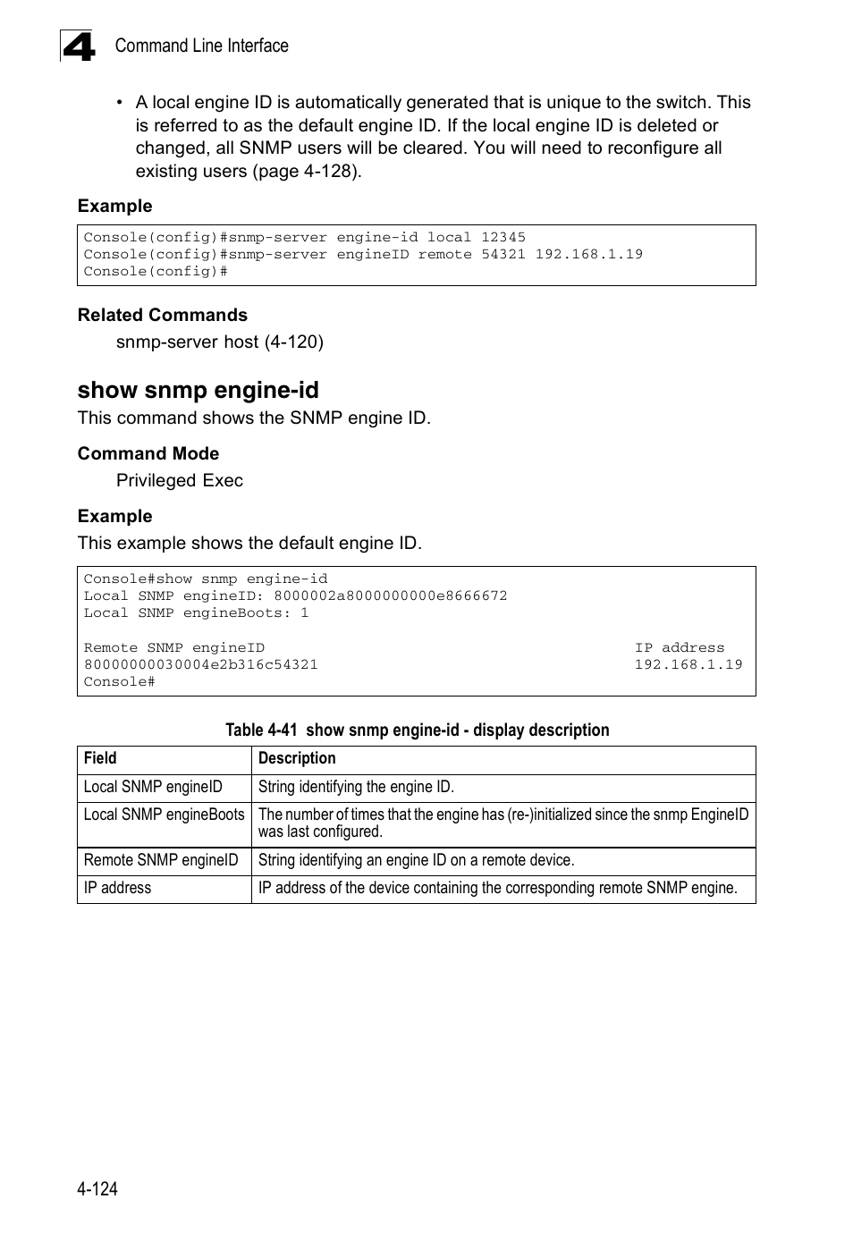 Show snmp engine-id, Table 4-41, Show snmp engine-id - display description | Accton Technology ES3526XA User Manual | Page 366 / 512