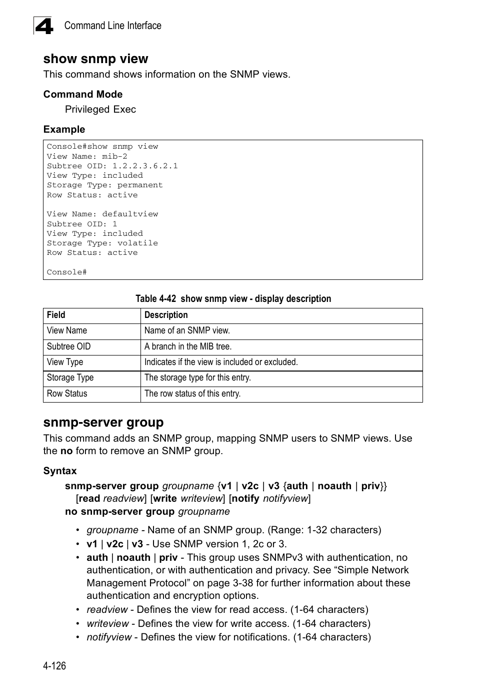 Show snmp view, Snmp-server group, Table 4-42 | Show snmp view - display description, Snmp-server group co | Accton Technology ES3526XA User Manual | Page 368 / 512