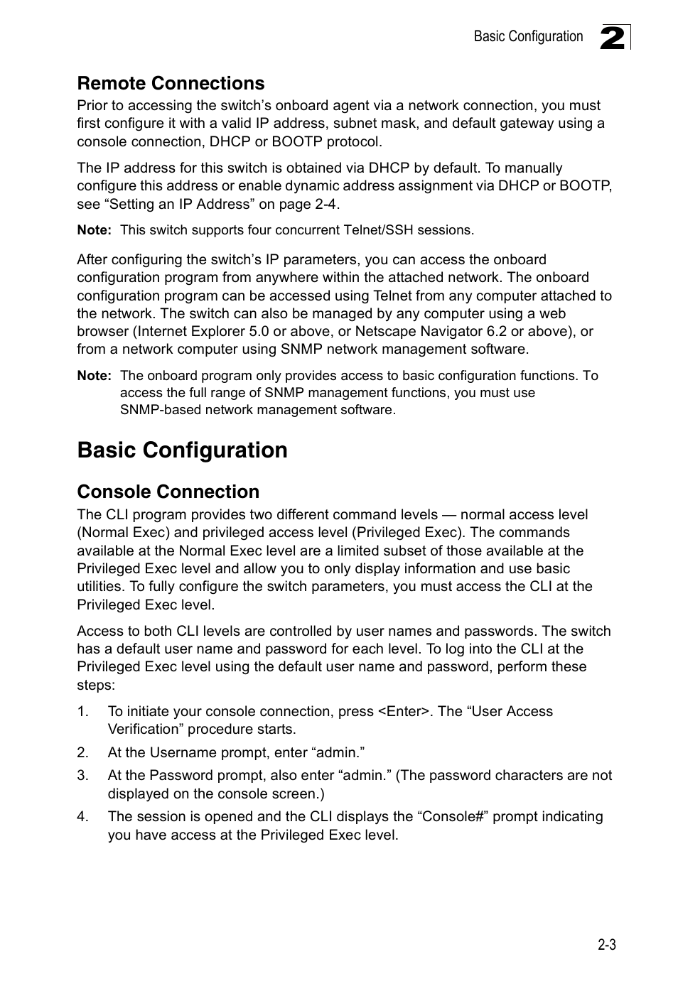 Remote connections, Basic configuration, Console connection | Accton Technology ES3526XA User Manual | Page 37 / 512