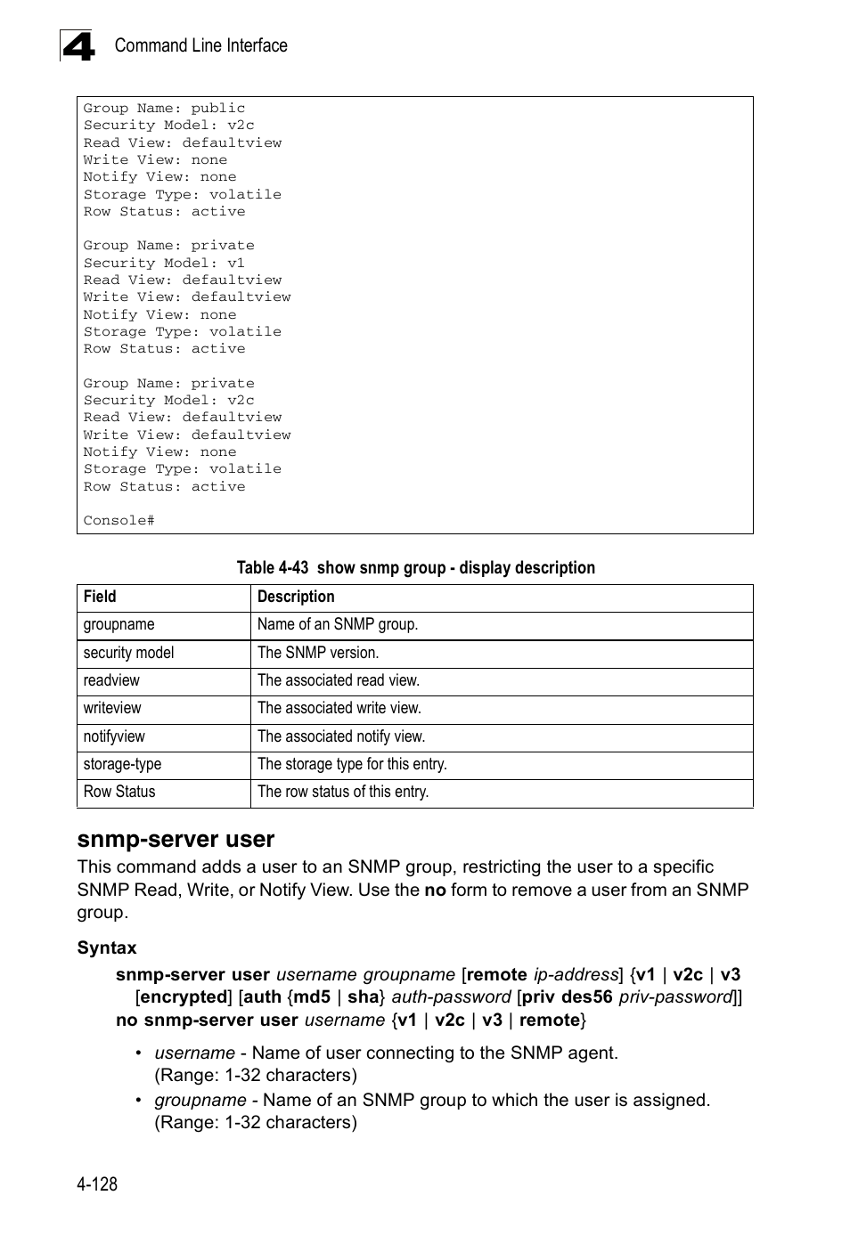 Snmp-server user, Table 4-43, Show snmp group - display description | Accton Technology ES3526XA User Manual | Page 370 / 512