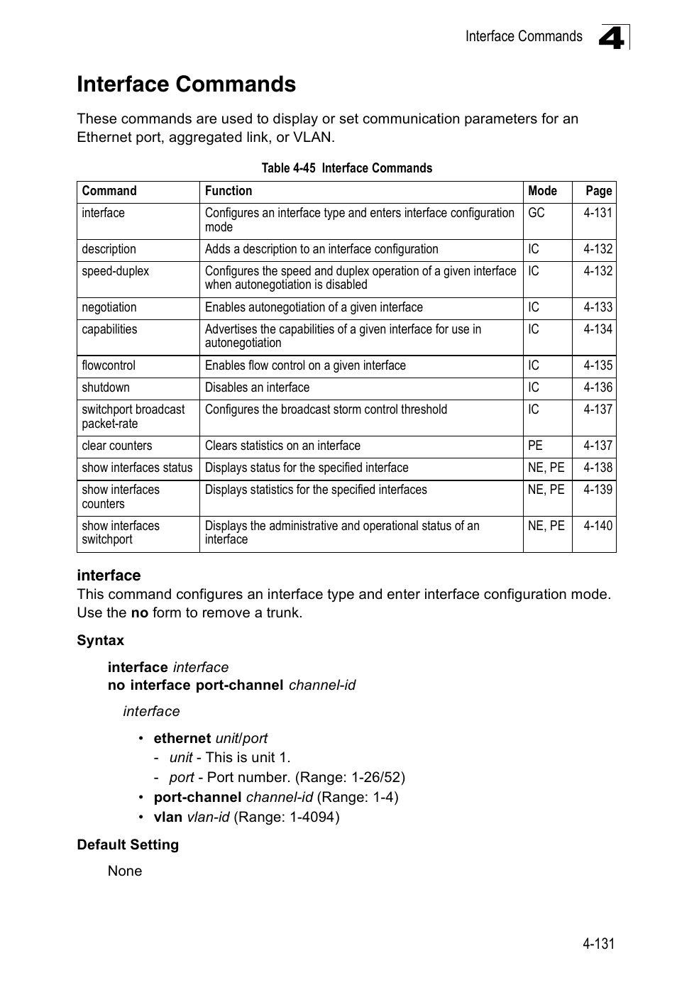 Interface commands, Interface, Interface 4-131 | Table 4-45 | Accton Technology ES3526XA User Manual | Page 373 / 512