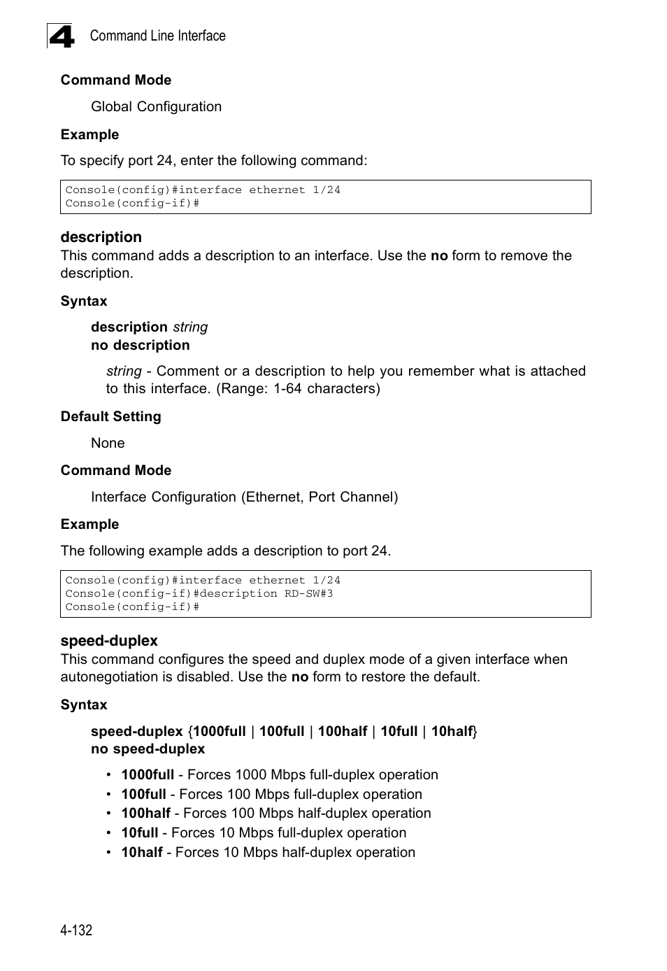 Description, Speed-duplex, Description 4-132 speed-duplex 4-132 | Accton Technology ES3526XA User Manual | Page 374 / 512