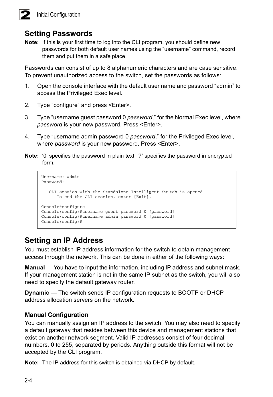 Setting passwords, Setting an ip address, Manual configuration | Accton Technology ES3526XA User Manual | Page 38 / 512