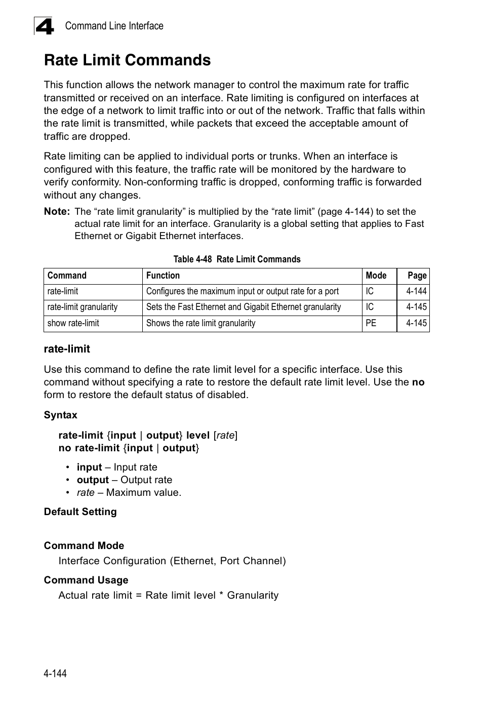 Rate limit commands, Rate-limit, Rate-limit 4-144 | Table 4-48 | Accton Technology ES3526XA User Manual | Page 386 / 512
