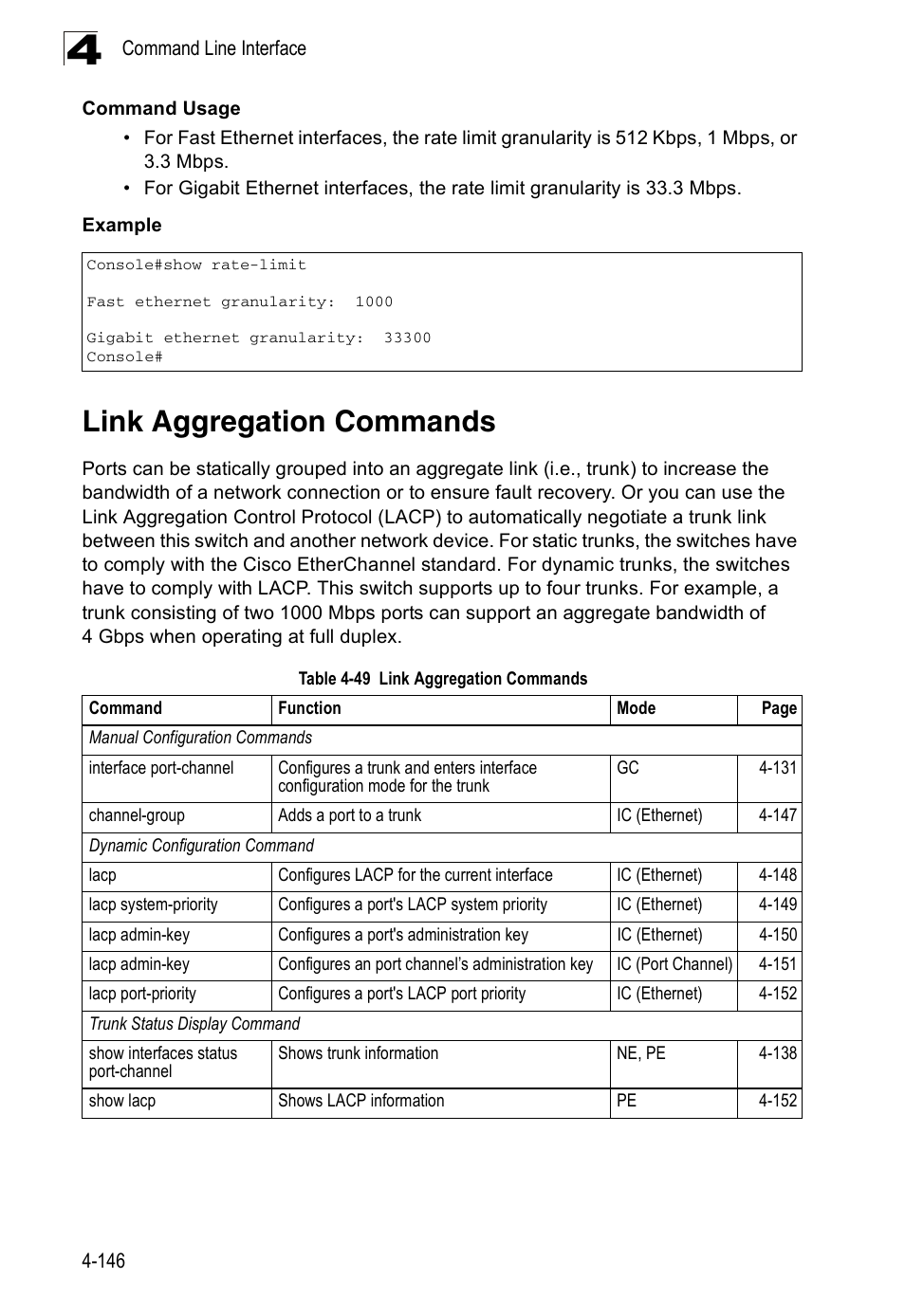 Link aggregation commands, Table 4-49 | Accton Technology ES3526XA User Manual | Page 388 / 512