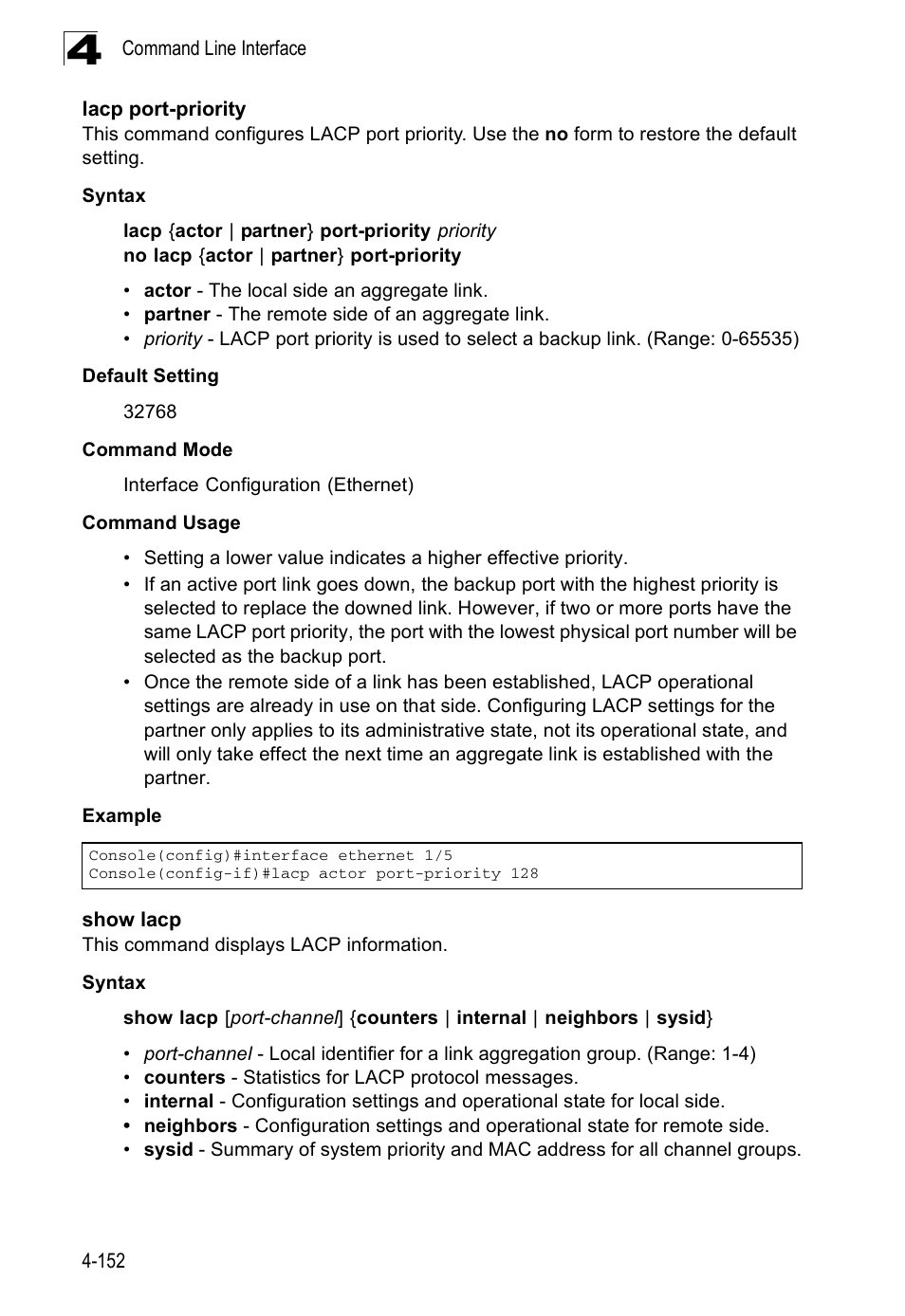 Lacp port-priority, Show lacp | Accton Technology ES3526XA User Manual | Page 394 / 512