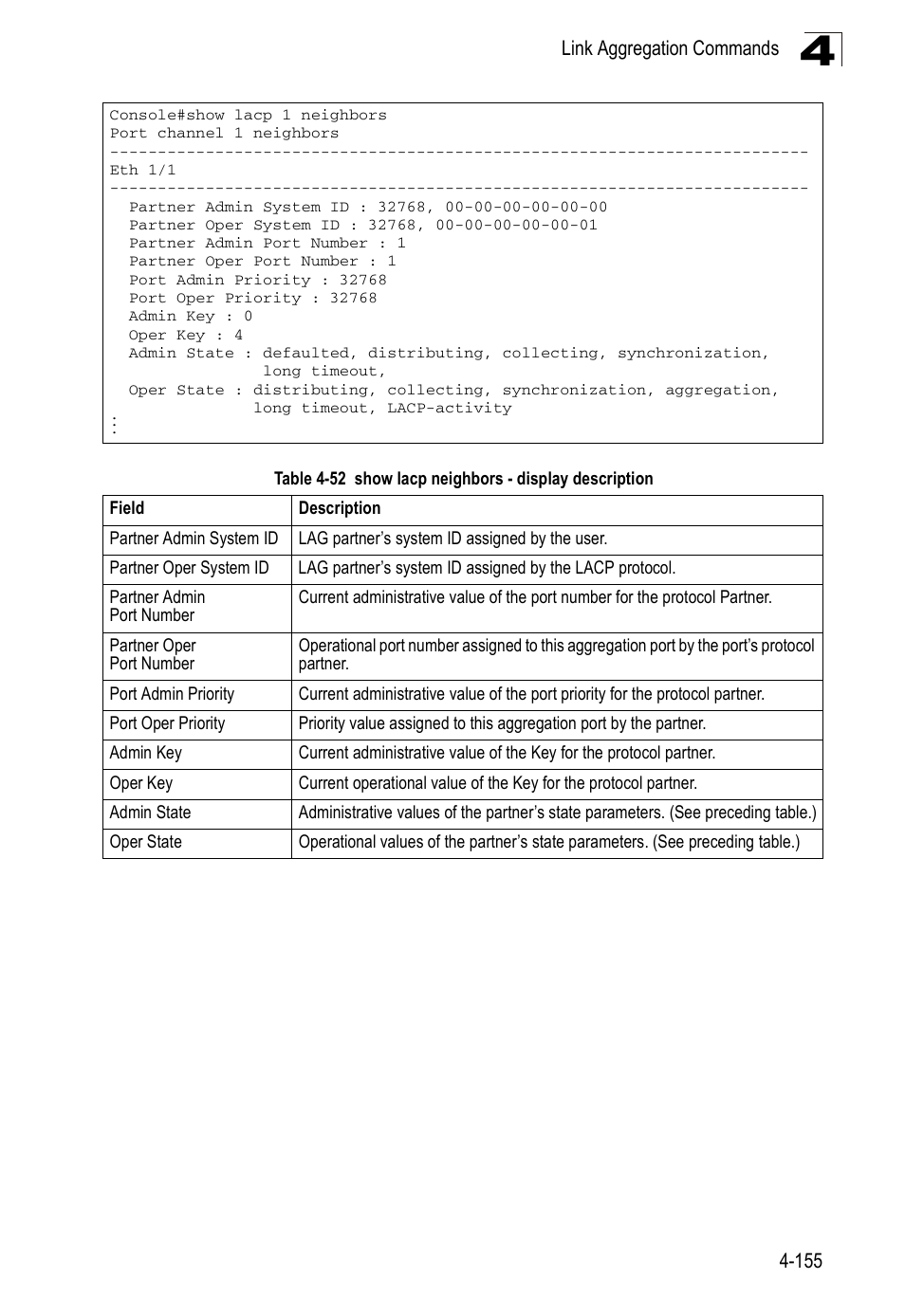 Table 4-52, Show lacp neighbors - display description | Accton Technology ES3526XA User Manual | Page 397 / 512