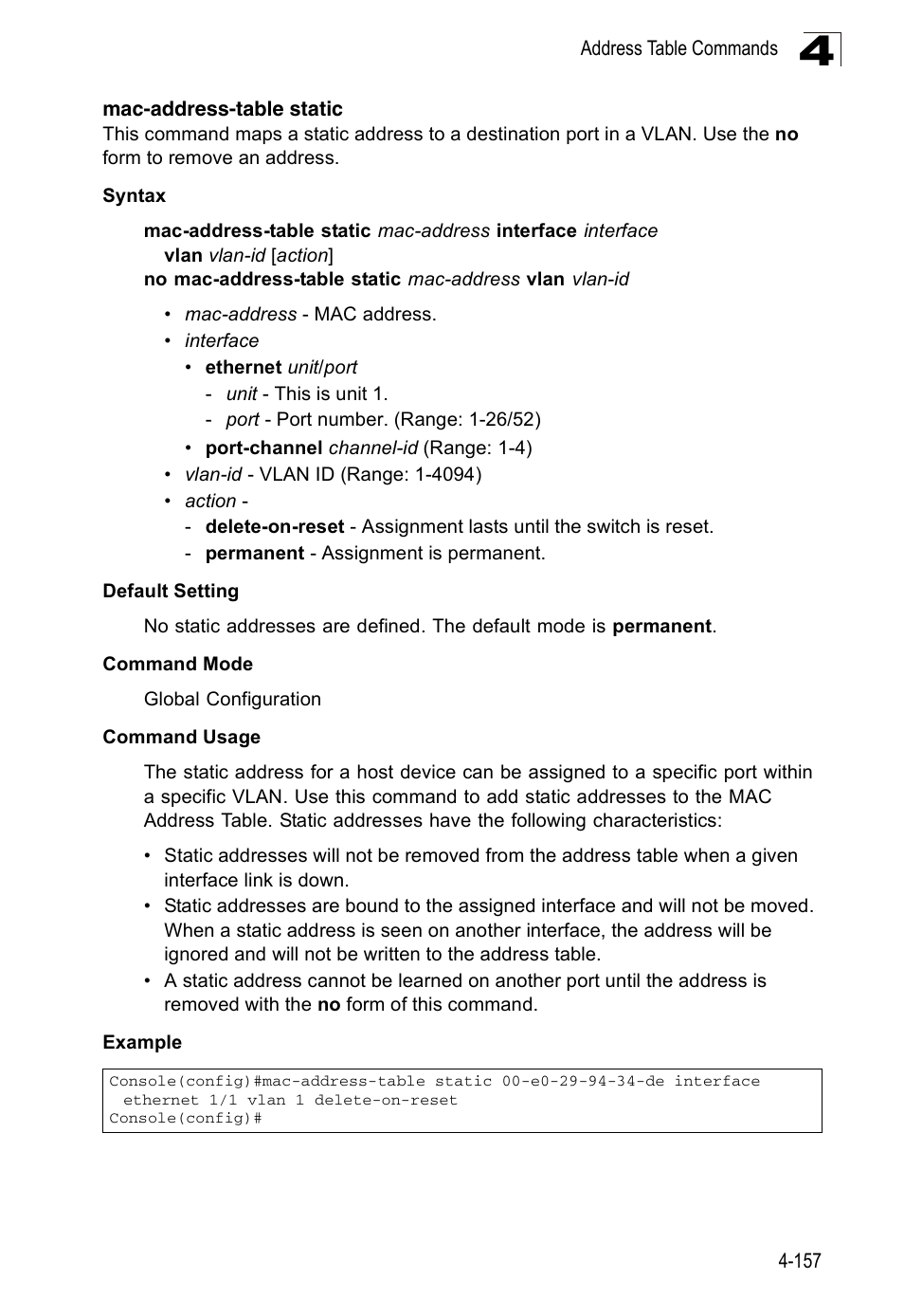 Mac-address-table static, Mac-address-table, Static co | Mac-address-table static (4-157) | Accton Technology ES3526XA User Manual | Page 399 / 512
