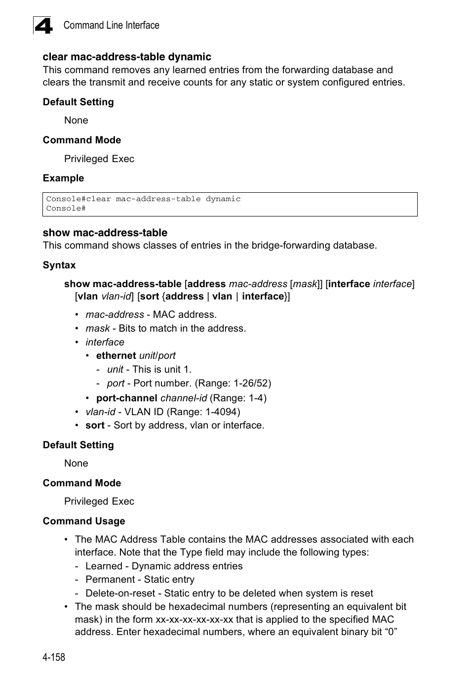 Clear mac-address-table dynamic, Show mac-address-table, Show mac-address-table (4-158) | Accton Technology ES3526XA User Manual | Page 400 / 512