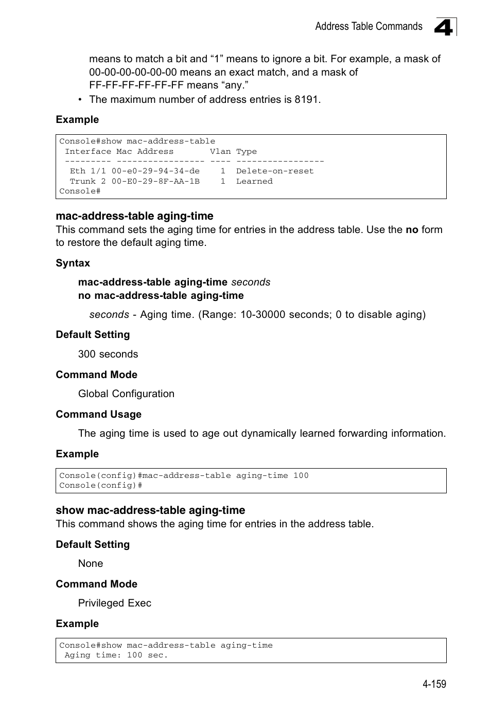 Mac-address-table aging-time, Show mac-address-table aging-time | Accton Technology ES3526XA User Manual | Page 401 / 512