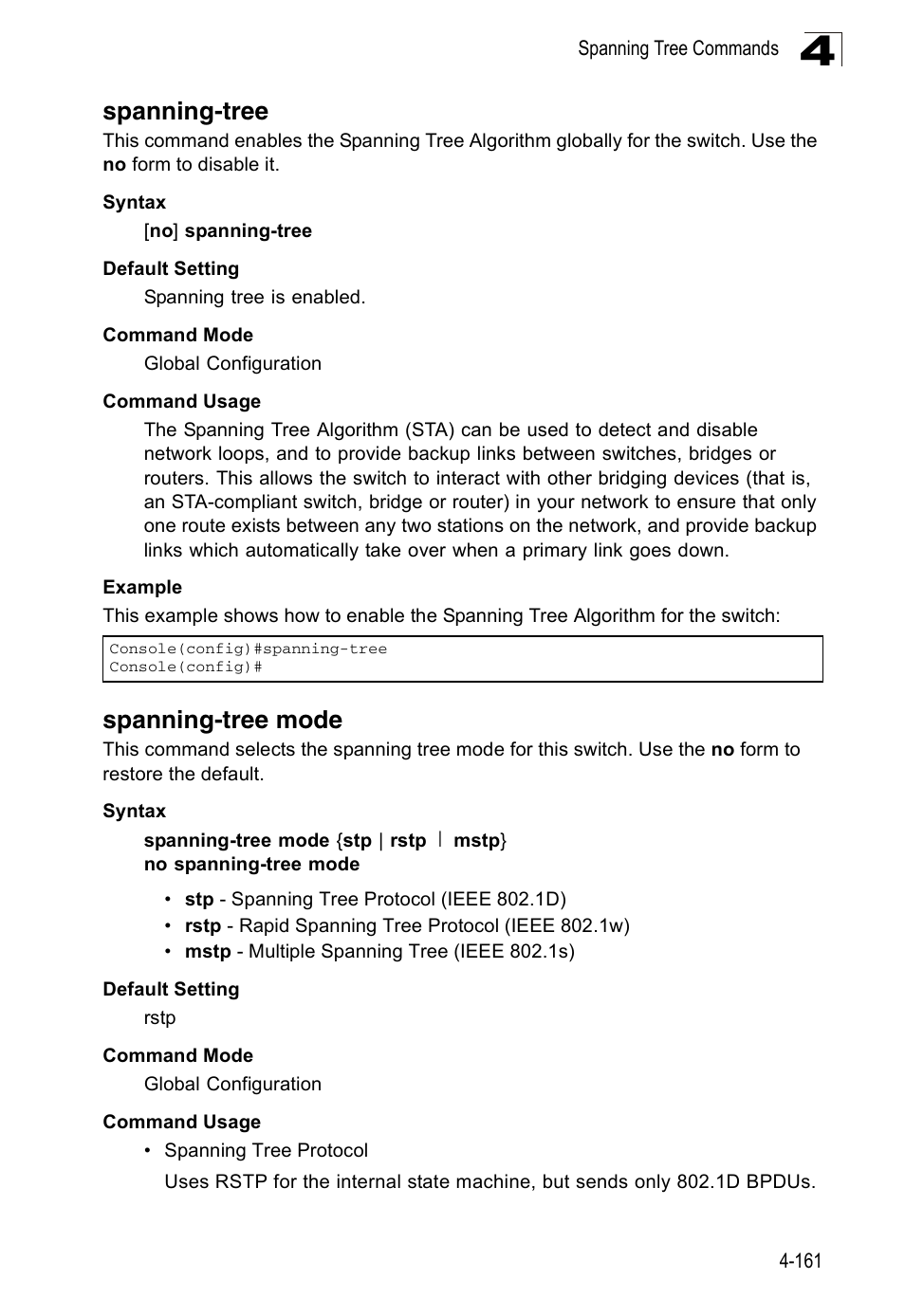 Spanning-tree, Spanning-tree mode, Spanning-tree 4-161 spanning-tree mode | Accton Technology ES3526XA User Manual | Page 403 / 512