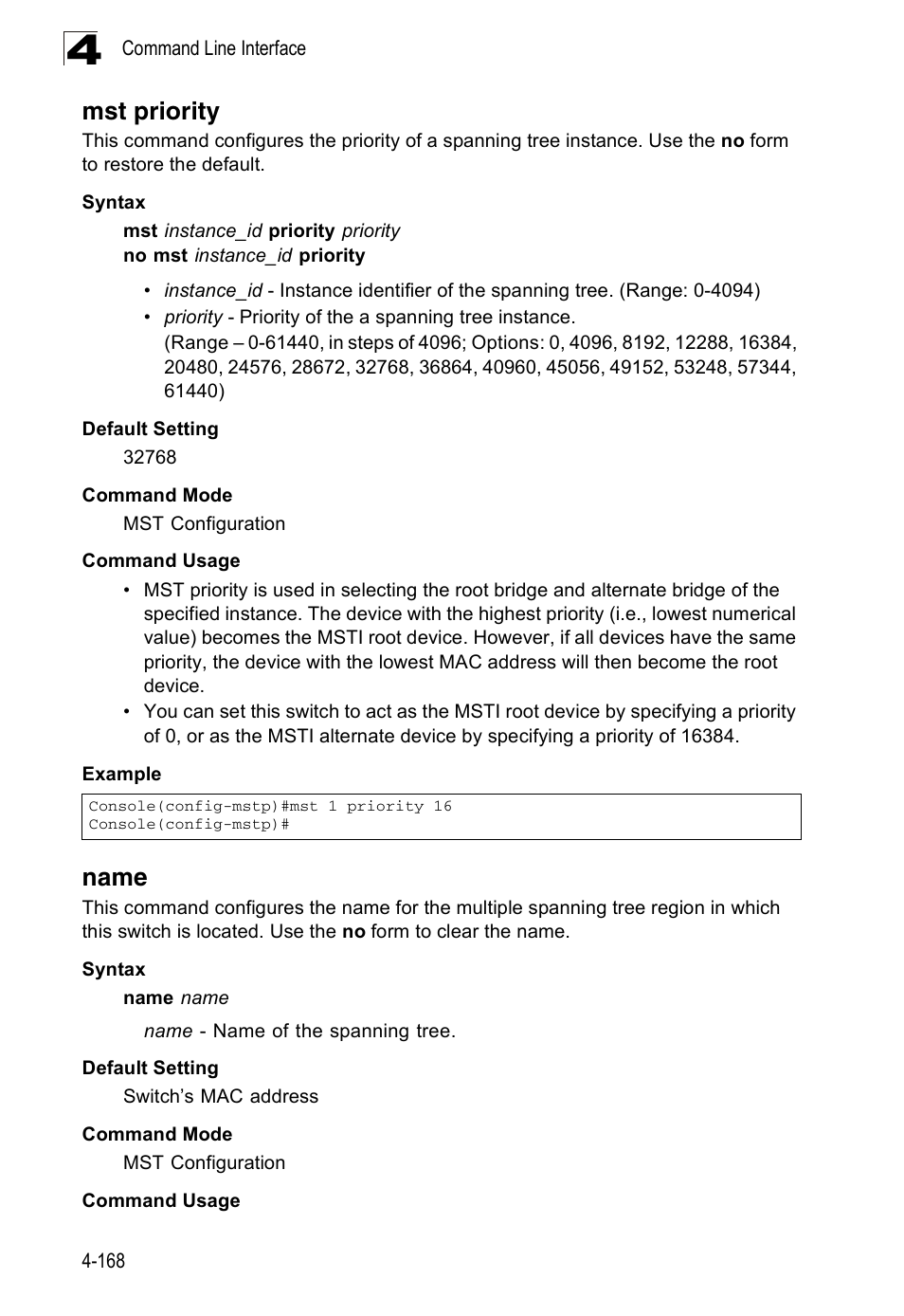 Mst priority, Name, Name 4-168 | Accton Technology ES3526XA User Manual | Page 410 / 512
