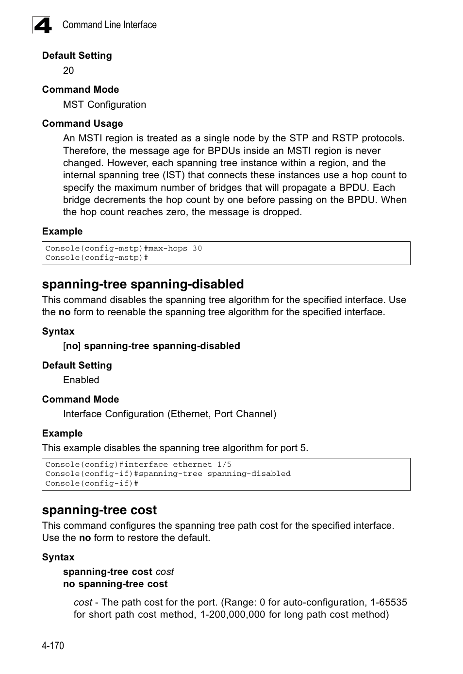 Spanning-tree spanning-disabled, Spanning-tree cost | Accton Technology ES3526XA User Manual | Page 412 / 512