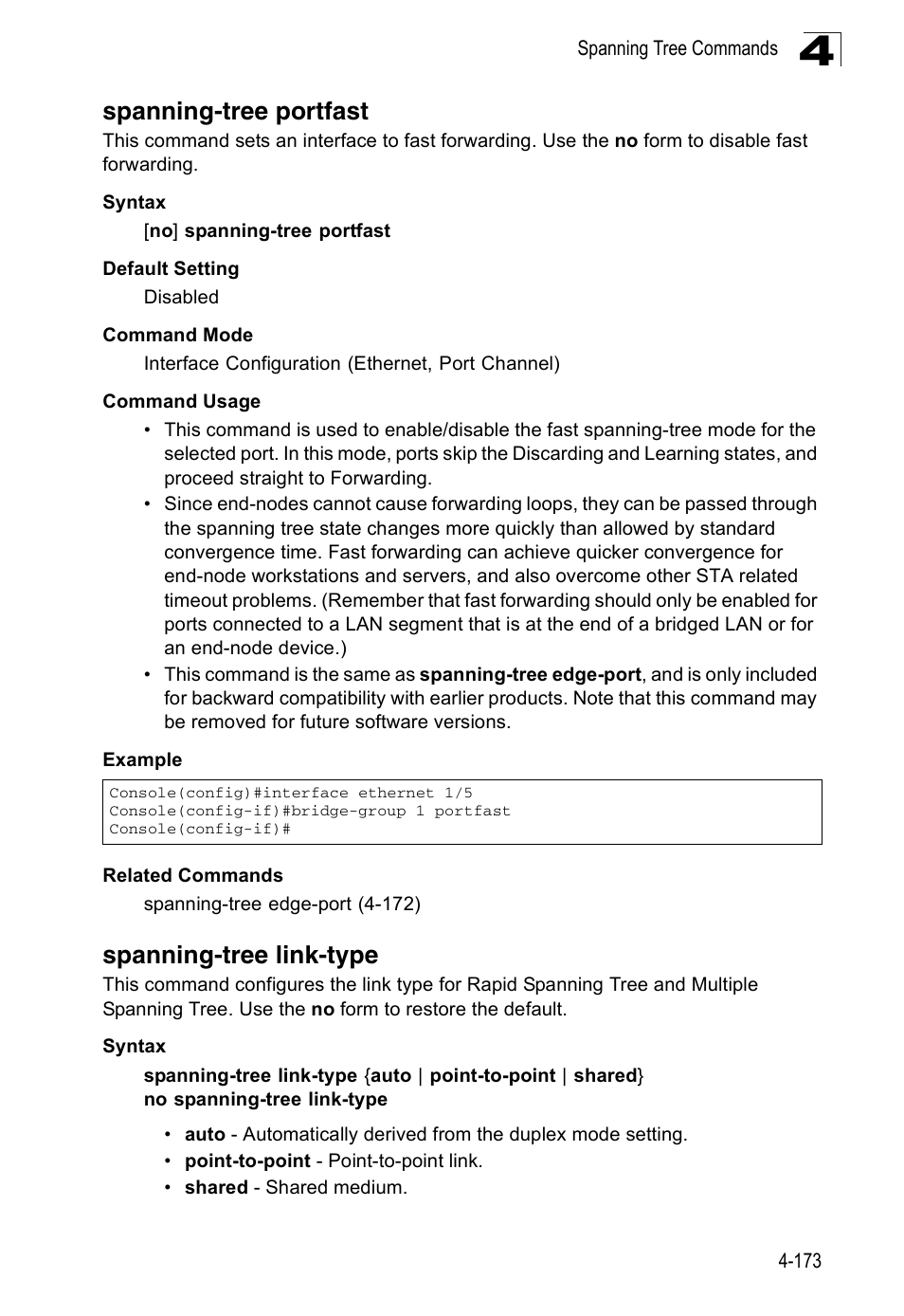 Spanning-tree portfast, Spanning-tree link-type | Accton Technology ES3526XA User Manual | Page 415 / 512