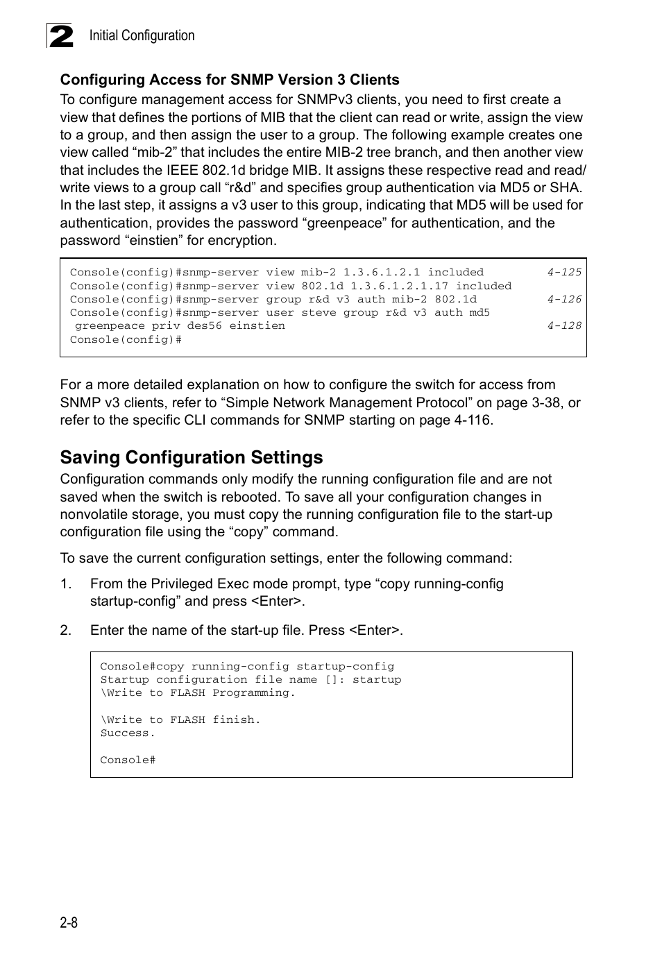 Saving configuration settings, Configuring access for snmp version 3 clients | Accton Technology ES3526XA User Manual | Page 42 / 512