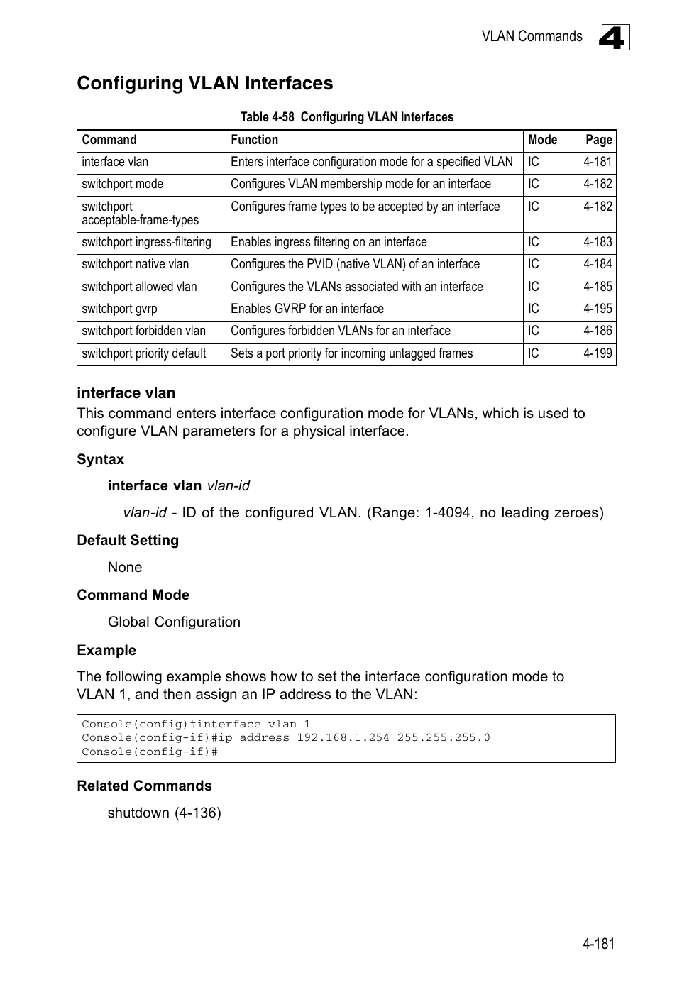 Configuring vlan interfaces, Interface vlan, Table 4-58 | Accton Technology ES3526XA User Manual | Page 423 / 512
