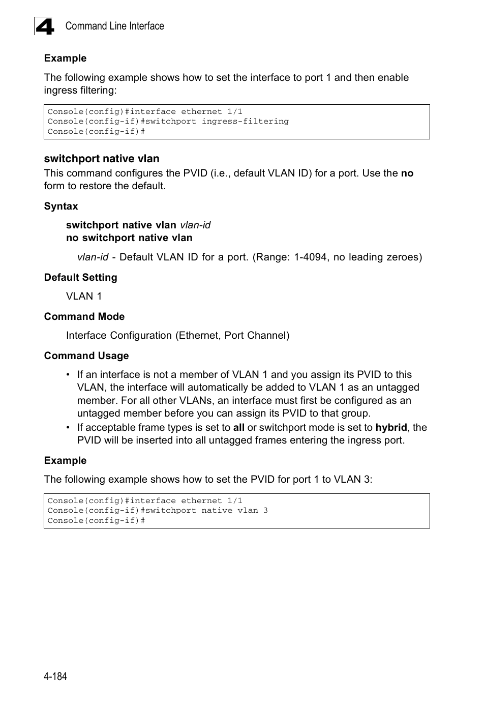 Switchport native vlan, E 4-184) | Accton Technology ES3526XA User Manual | Page 426 / 512