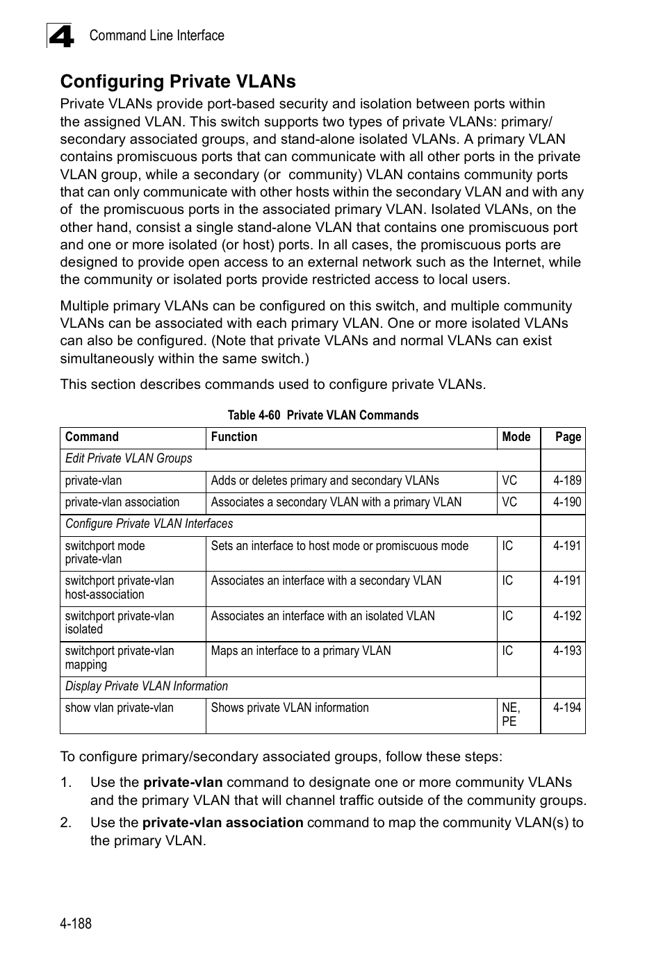 Configuring private vlans, Table 4-60, Private vlan commands | Accton Technology ES3526XA User Manual | Page 430 / 512