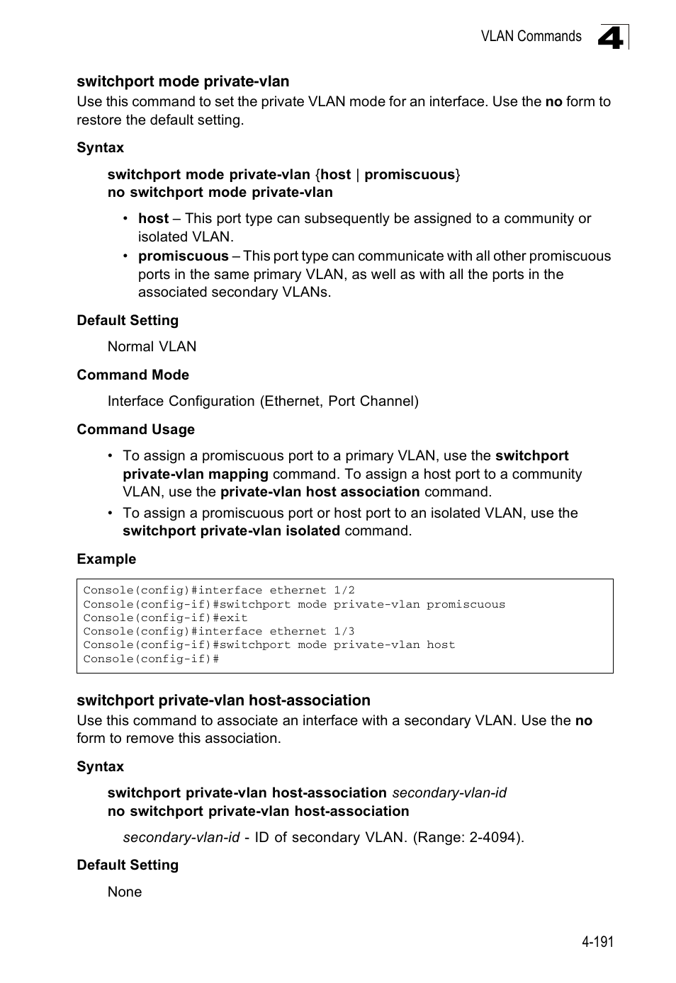 Switchport mode private-vlan, Switchport private-vlan host-association | Accton Technology ES3526XA User Manual | Page 433 / 512