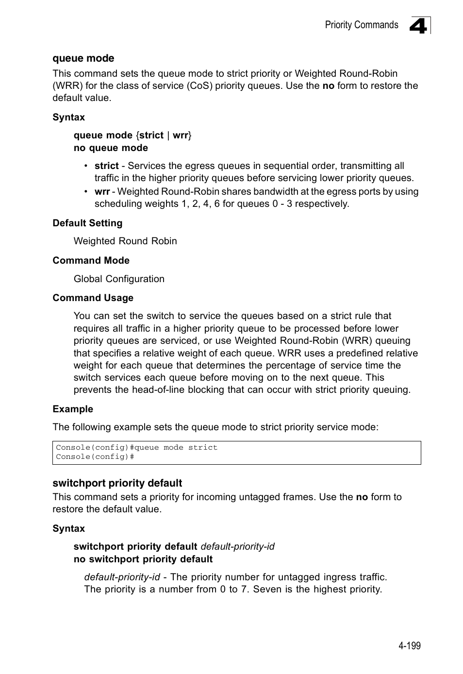 Queue mode, Switchport priority default | Accton Technology ES3526XA User Manual | Page 441 / 512