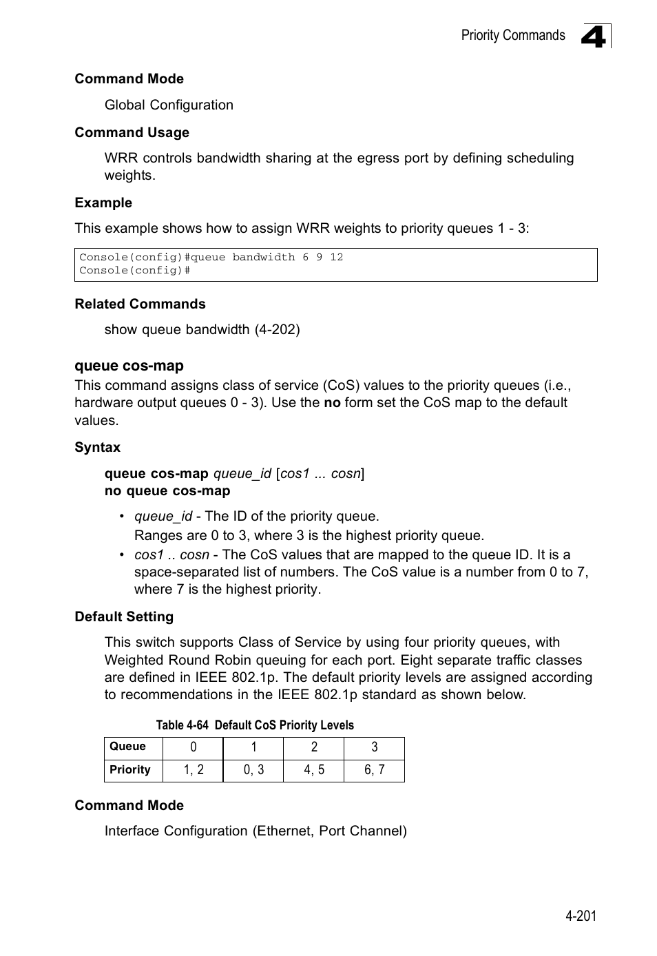 Queue cos-map, Table 4-64, Default cos priority levels | Queue cos-map (4-201) | Accton Technology ES3526XA User Manual | Page 443 / 512