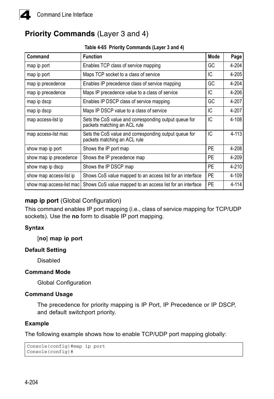 Priority commands (layer 3 and 4), Map ip port (global configuration), Table 4-65 | Accton Technology ES3526XA User Manual | Page 446 / 512
