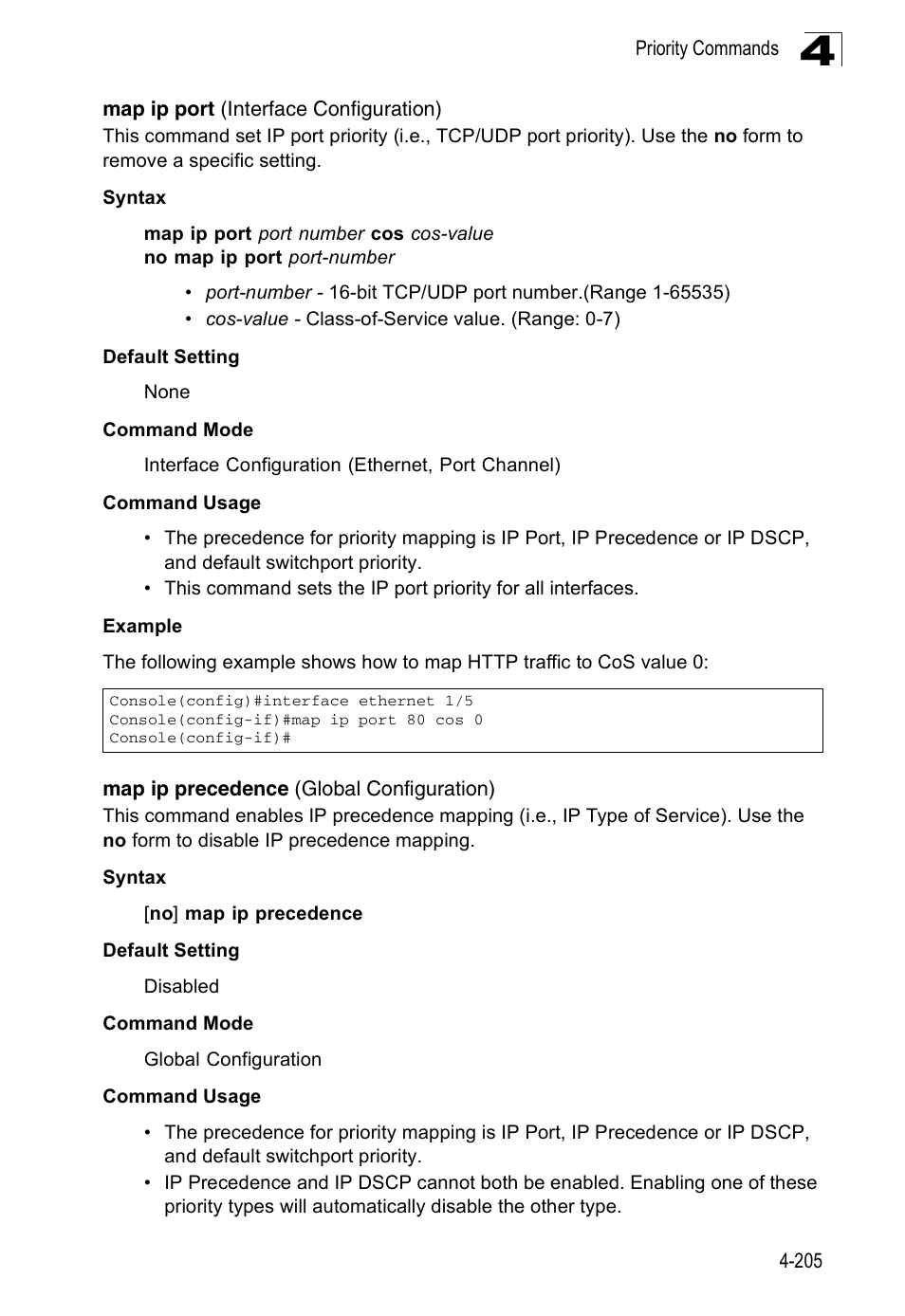 Map ip port (interface configuration), Map ip precedence (global configuration) | Accton Technology ES3526XA User Manual | Page 447 / 512