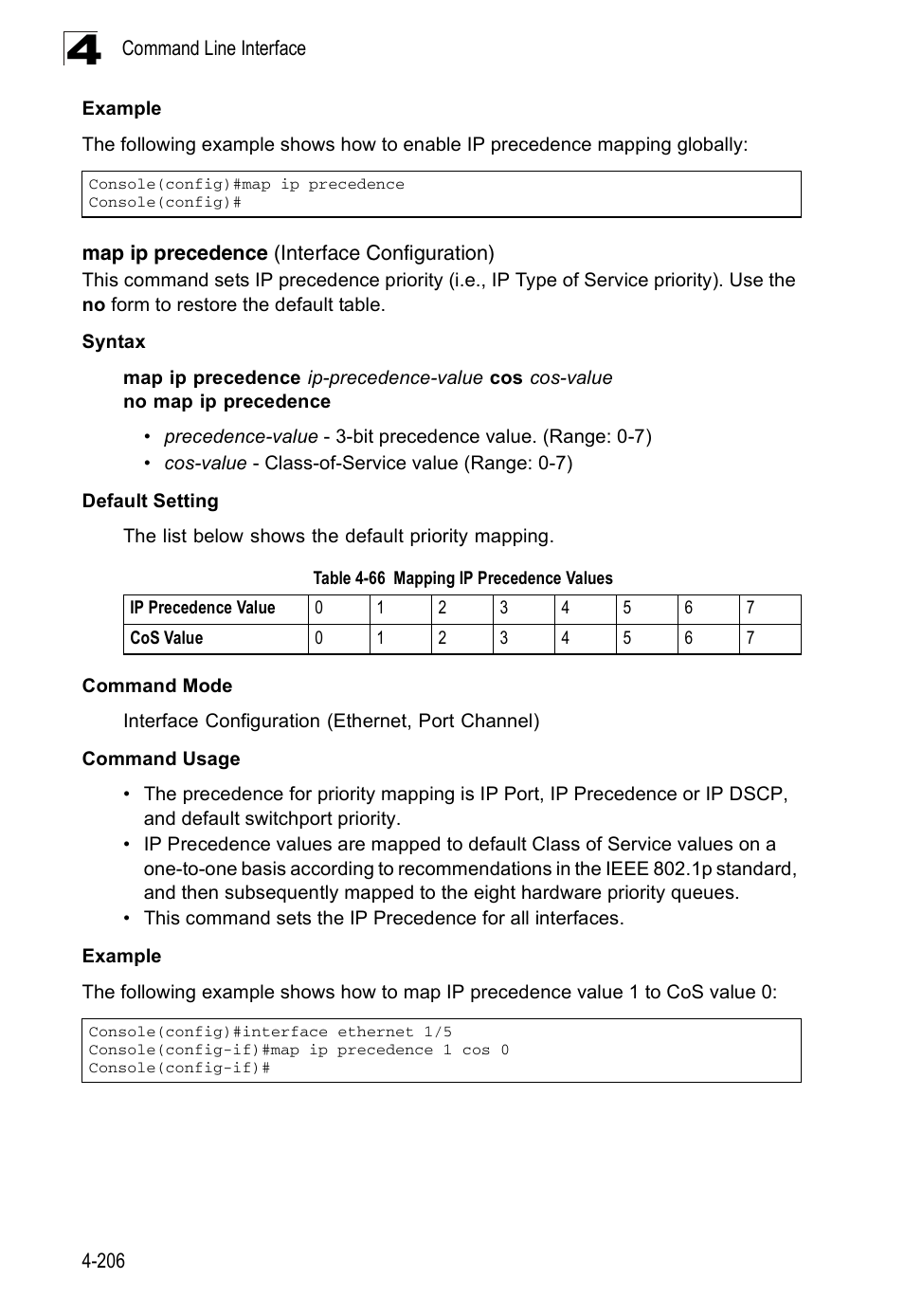 Map ip precedence (interface configuration), Table 4-66, Mapping ip precedence values | Accton Technology ES3526XA User Manual | Page 448 / 512