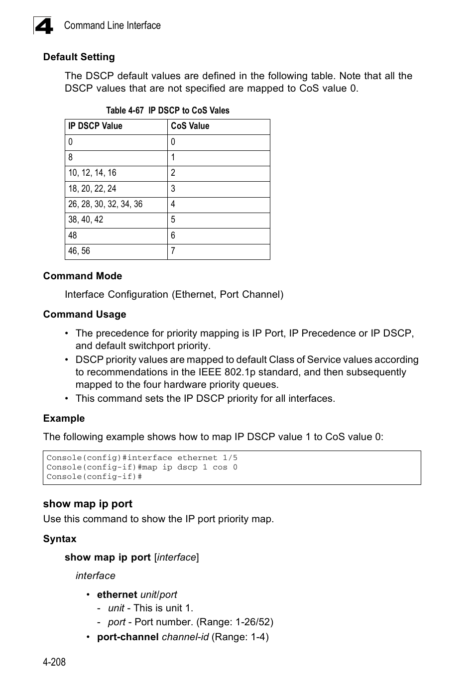 Show map ip port, Table 4-67, Ip dscp to cos vales | Accton Technology ES3526XA User Manual | Page 450 / 512