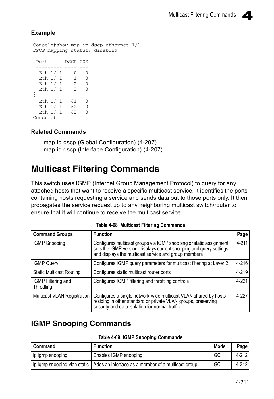 Multicast filtering commands, Igmp snooping commands, Table 4-68 | Table 4-69 | Accton Technology ES3526XA User Manual | Page 453 / 512