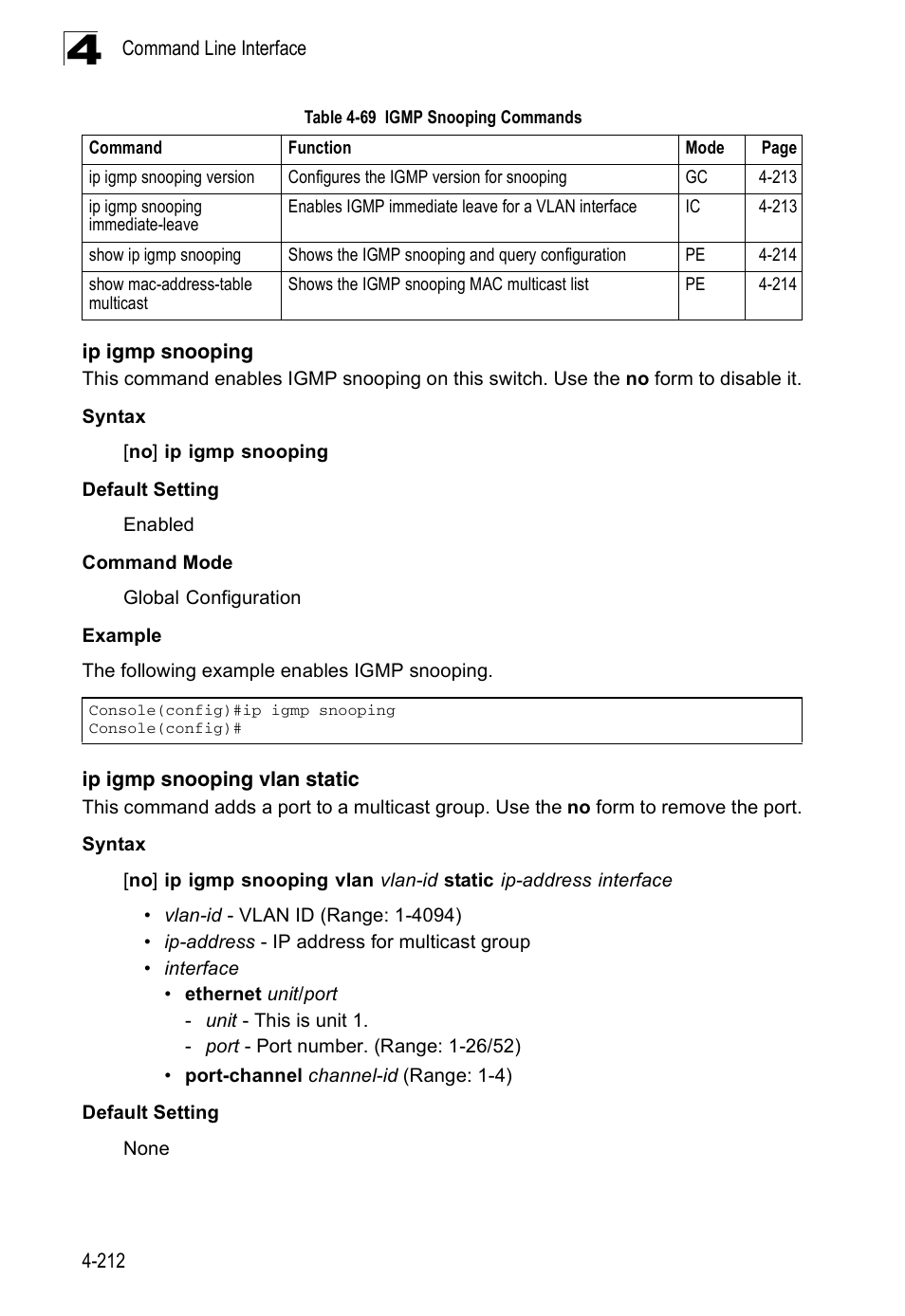 Ip igmp snooping, Ip igmp snooping vlan static | Accton Technology ES3526XA User Manual | Page 454 / 512