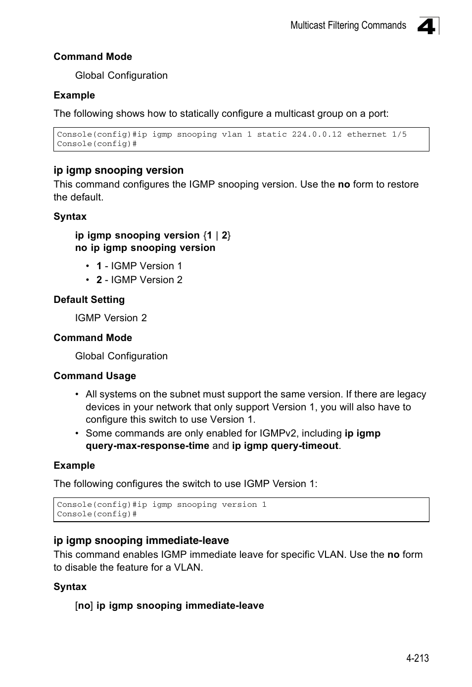 Ip igmp snooping version, Ip igmp snooping immediate-leave | Accton Technology ES3526XA User Manual | Page 455 / 512
