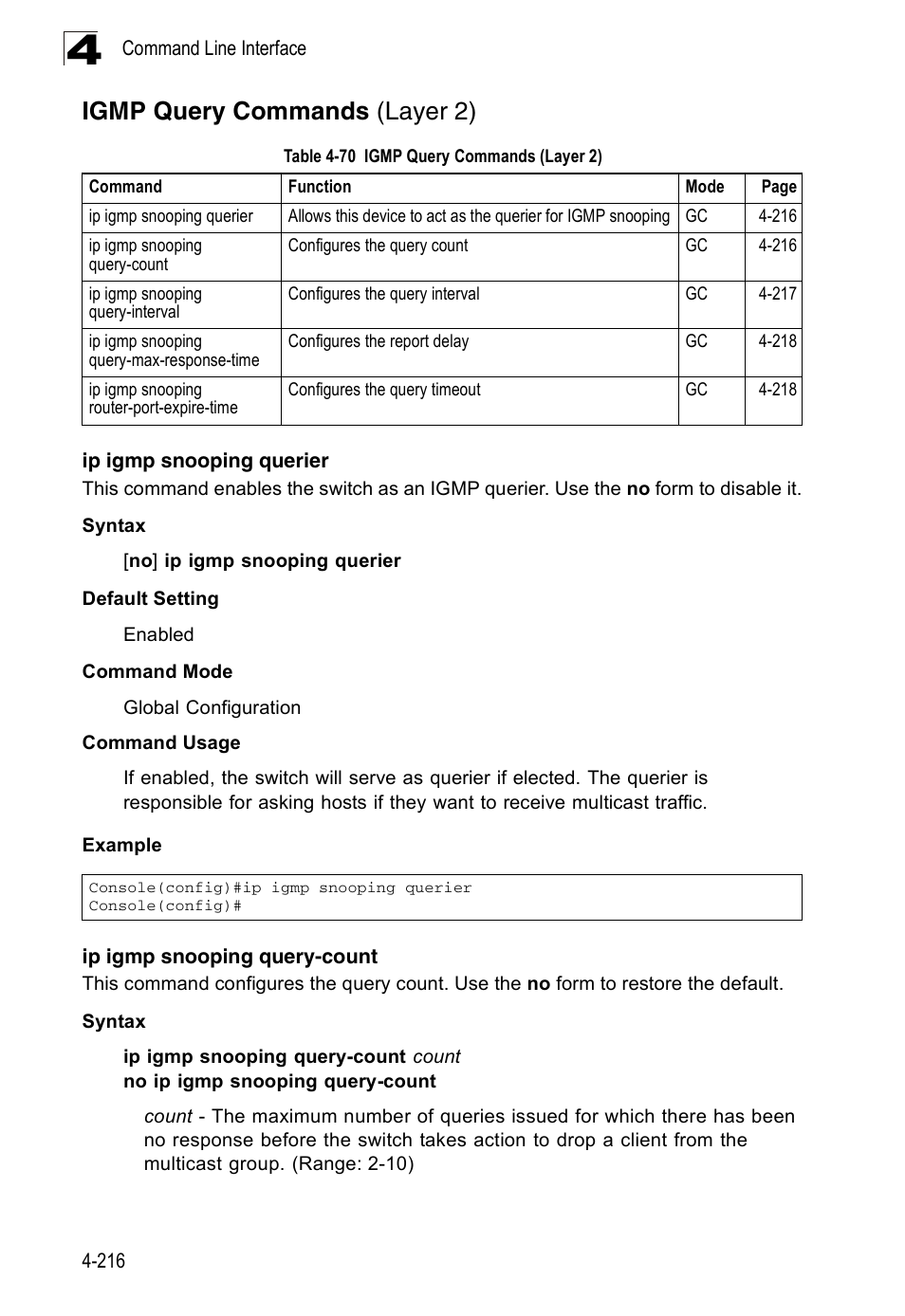 Igmp query commands (layer 2), Ip igmp snooping querier, Ip igmp snooping query-count | Table 4-70 | Accton Technology ES3526XA User Manual | Page 458 / 512