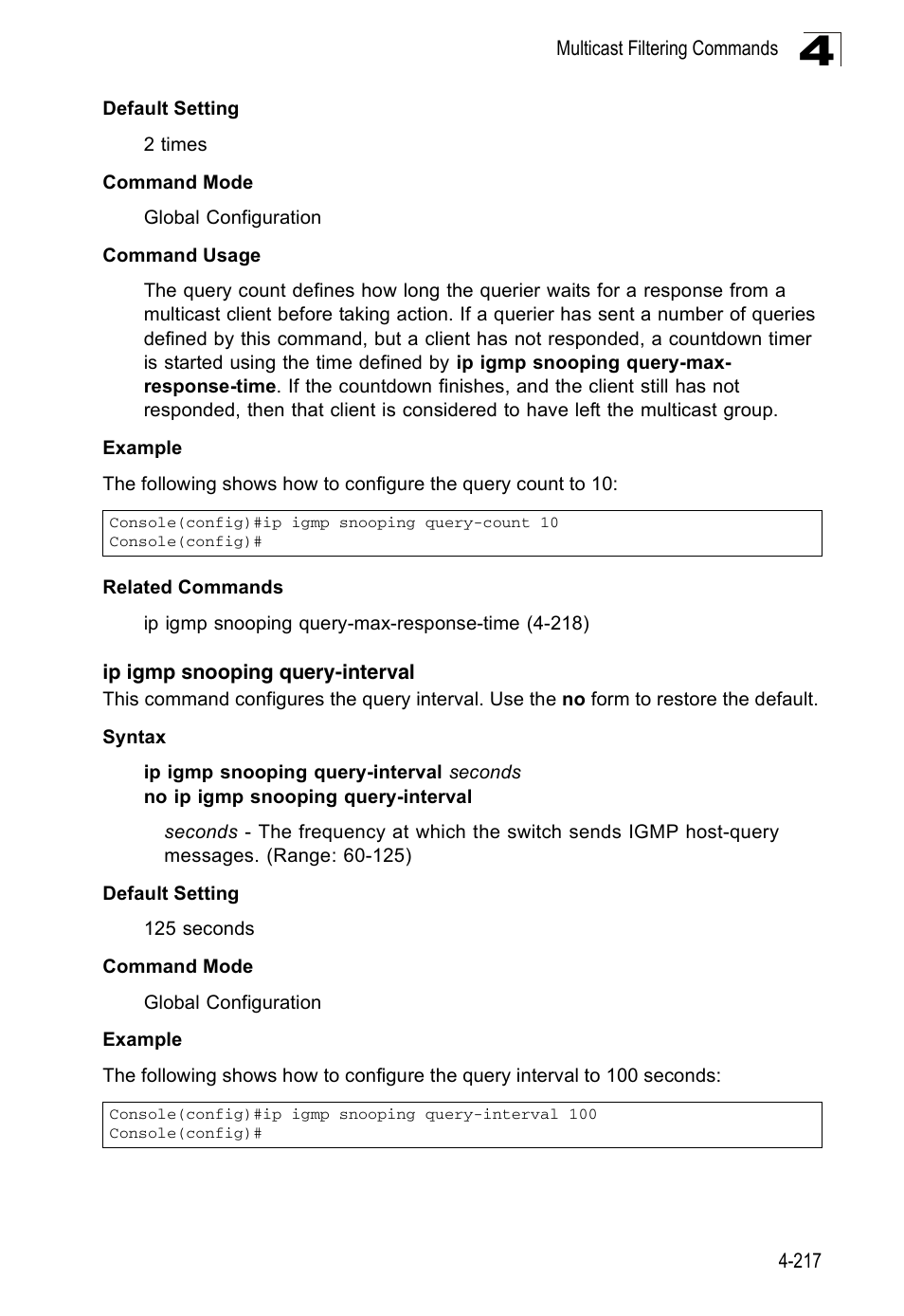 Ip igmp snooping query-interval | Accton Technology ES3526XA User Manual | Page 459 / 512