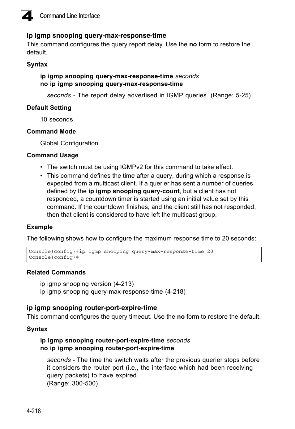 Ip igmp snooping query-max-response-time, Ip igmp snooping router-port-expire-time | Accton Technology ES3526XA User Manual | Page 460 / 512